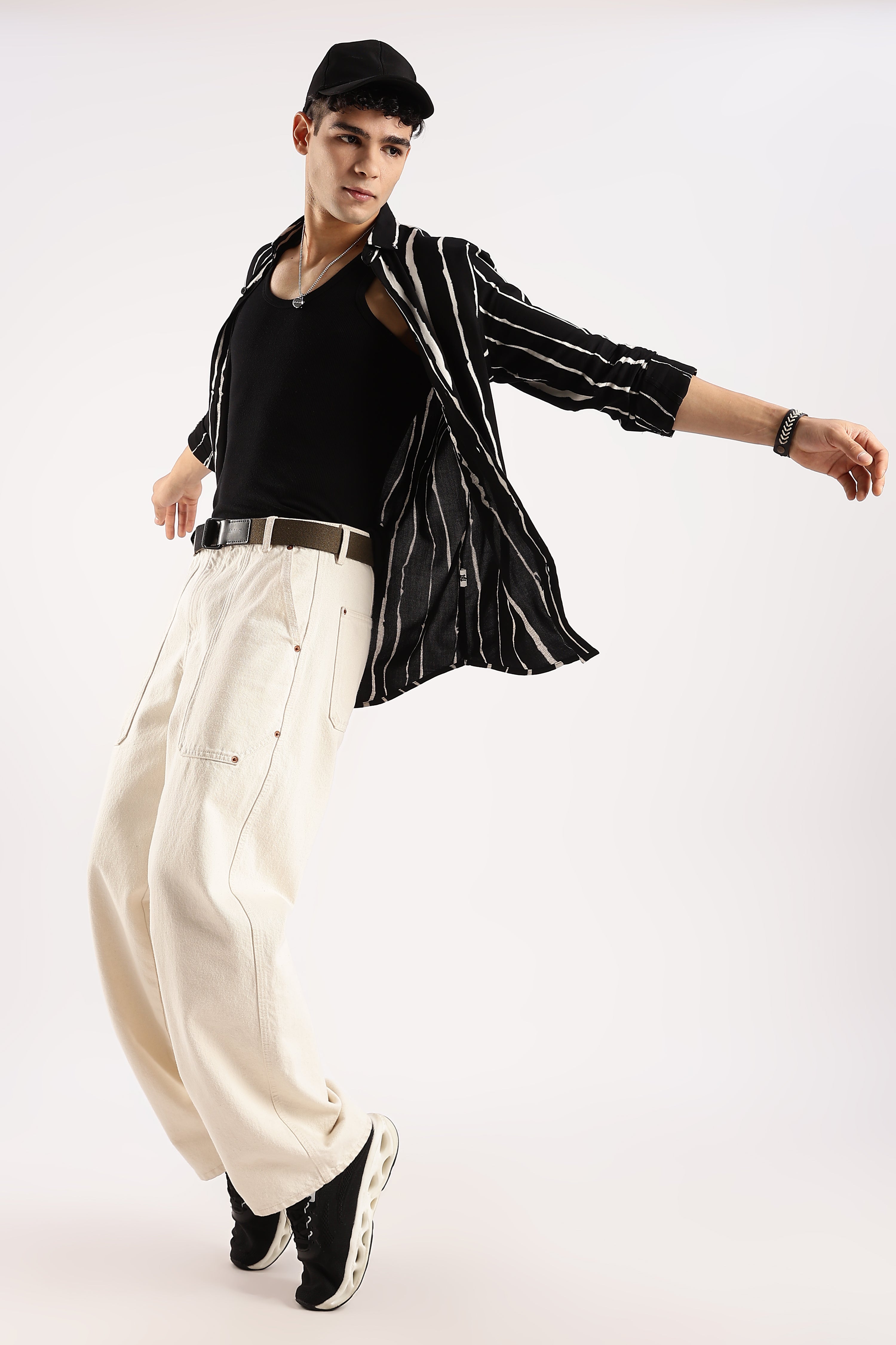 Men Black Viscose Striped Shirt