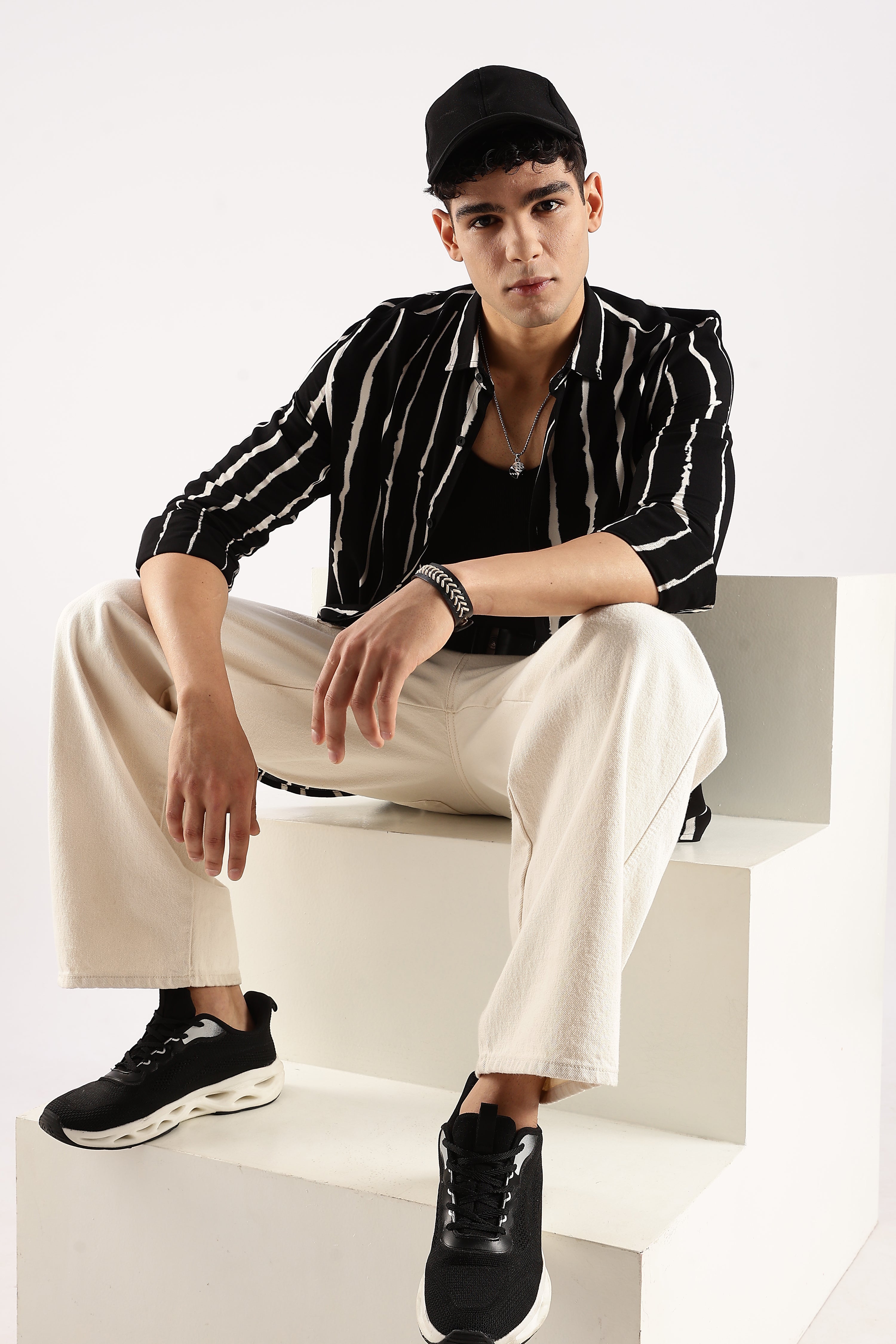 Men Black Viscose Striped Shirt