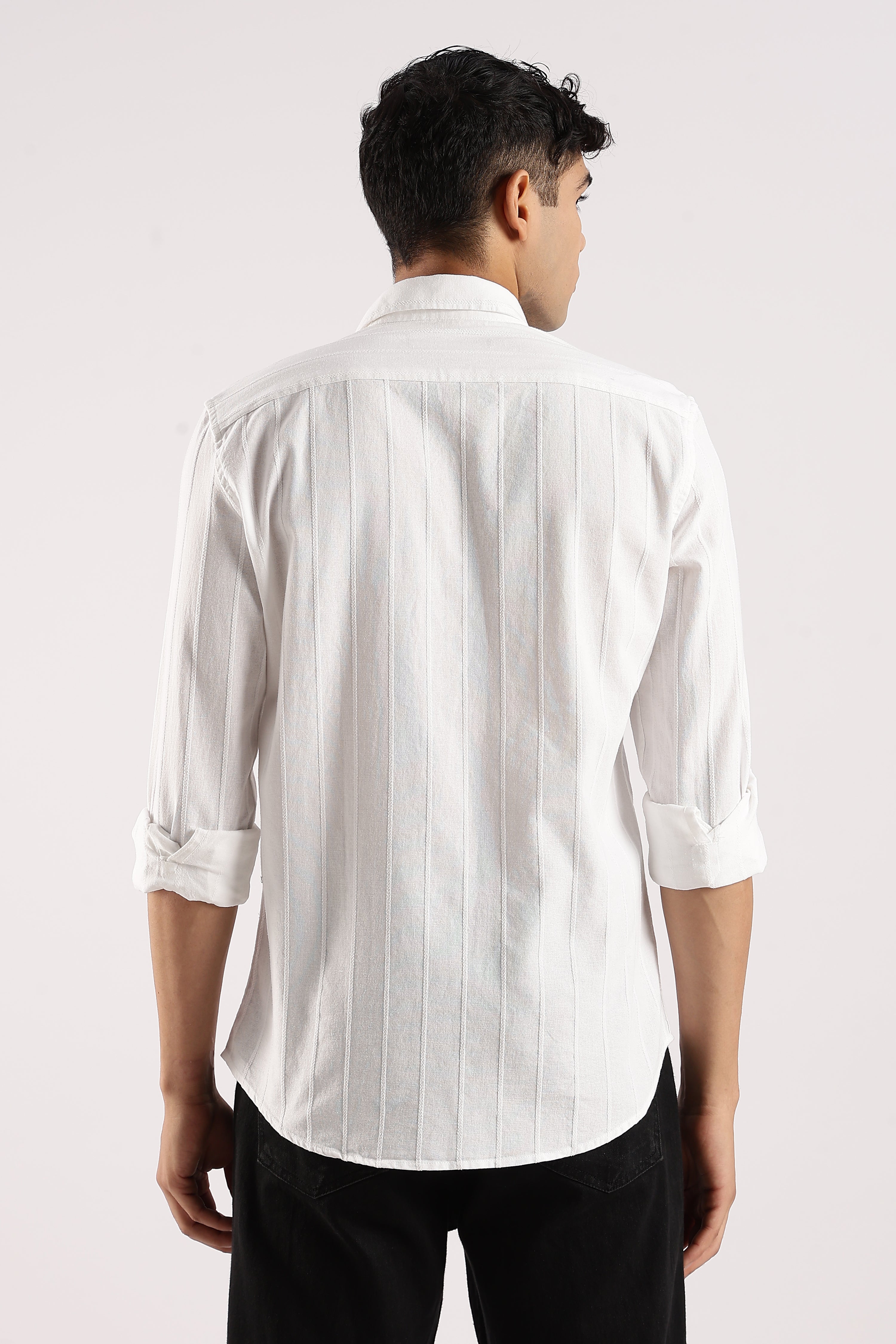 Men White Cotton Self-Striped Shirt