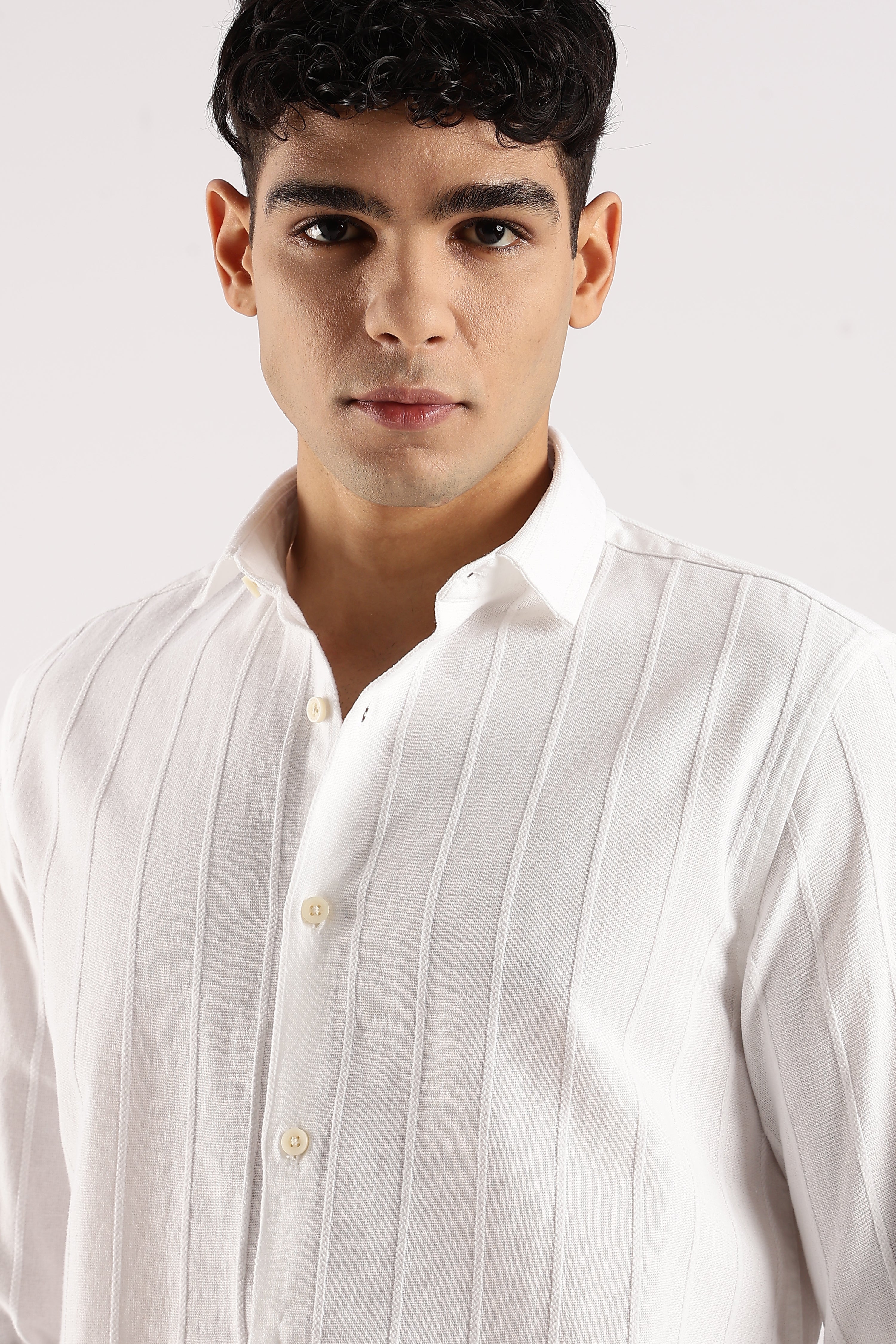 Men White Cotton Self-Striped Shirt