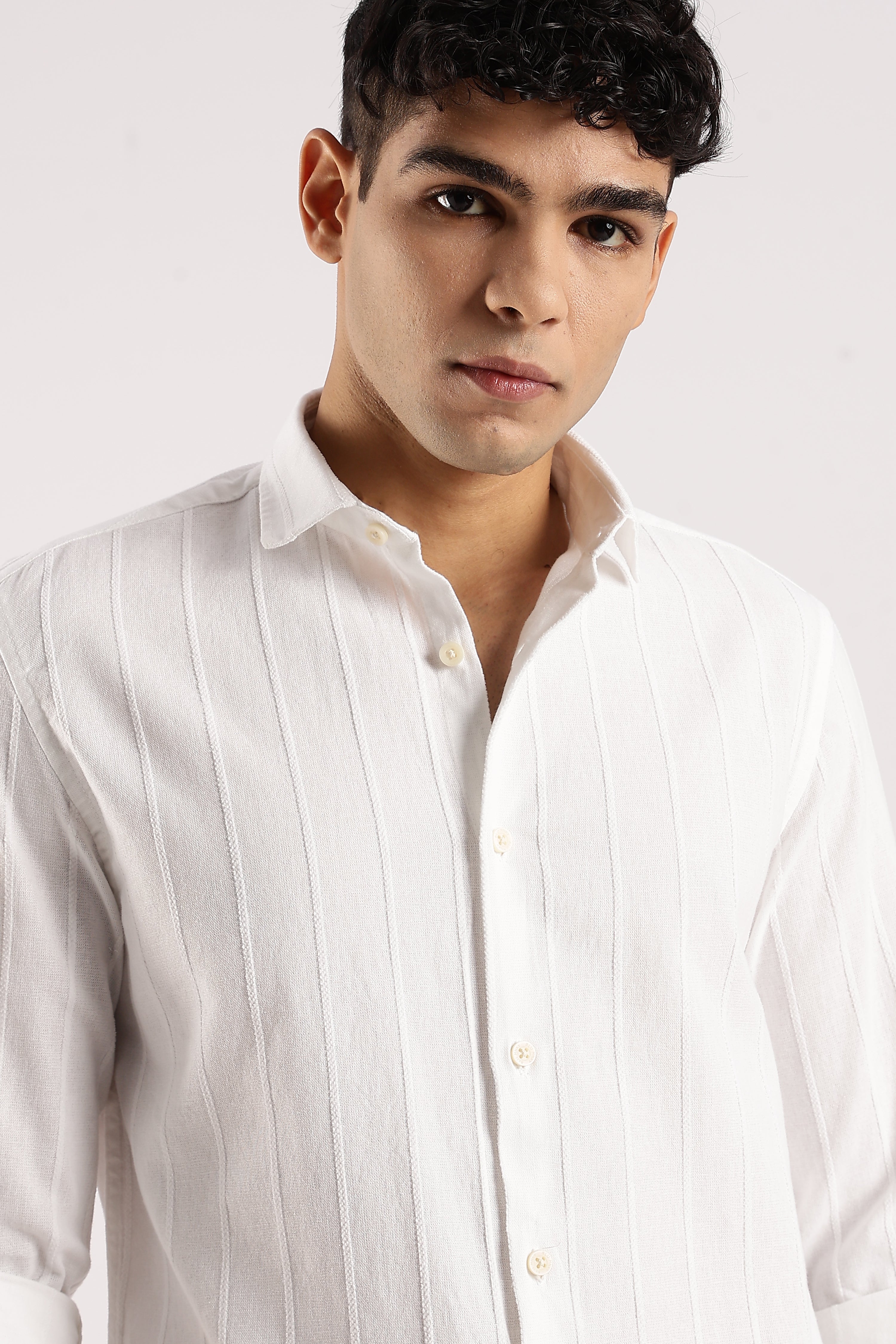 Men White Cotton Self-Striped Shirt