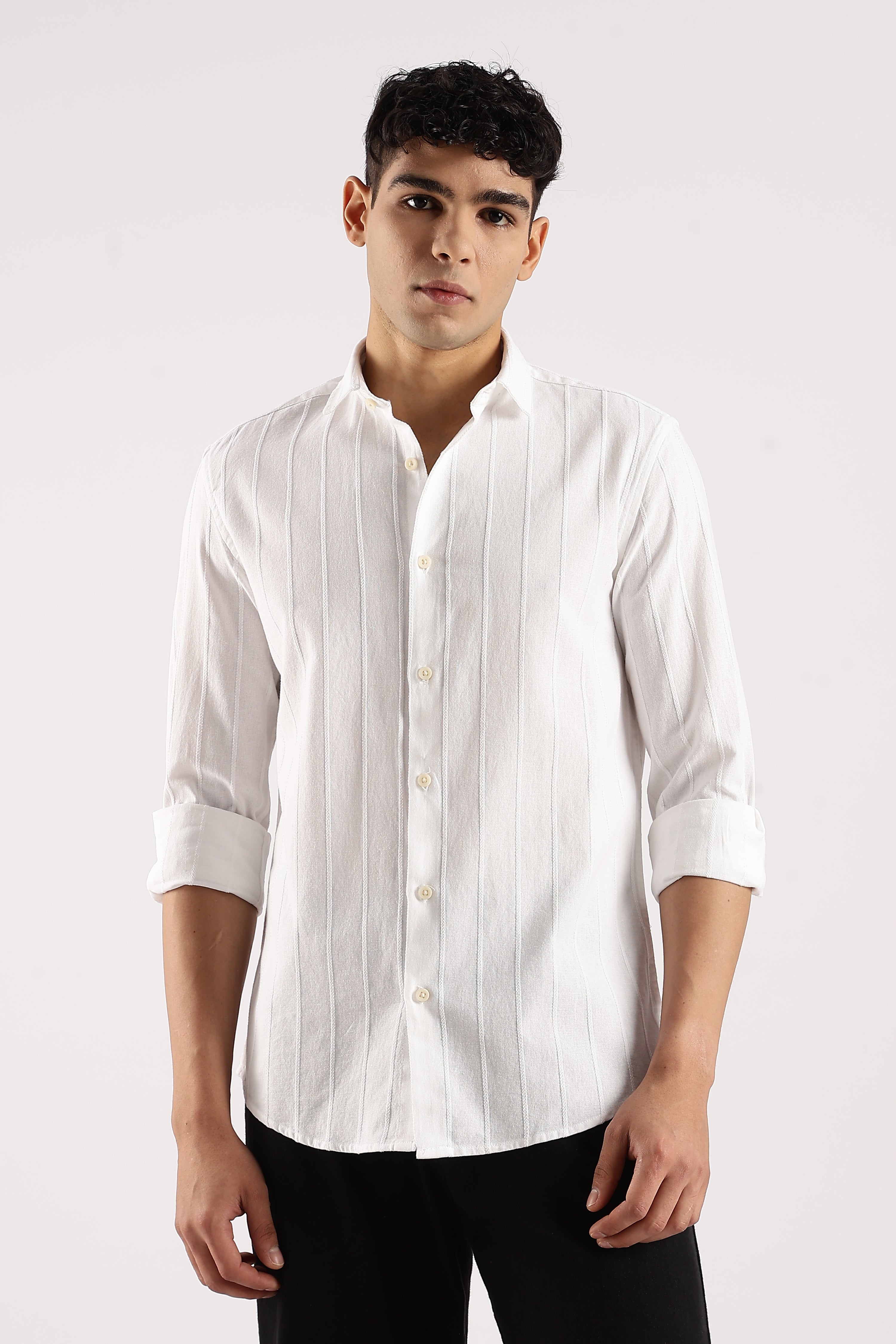 Men White Cotton Self-Striped Shirt