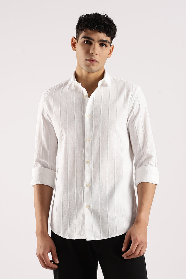 Men White Cotton Self-Striped Shirt