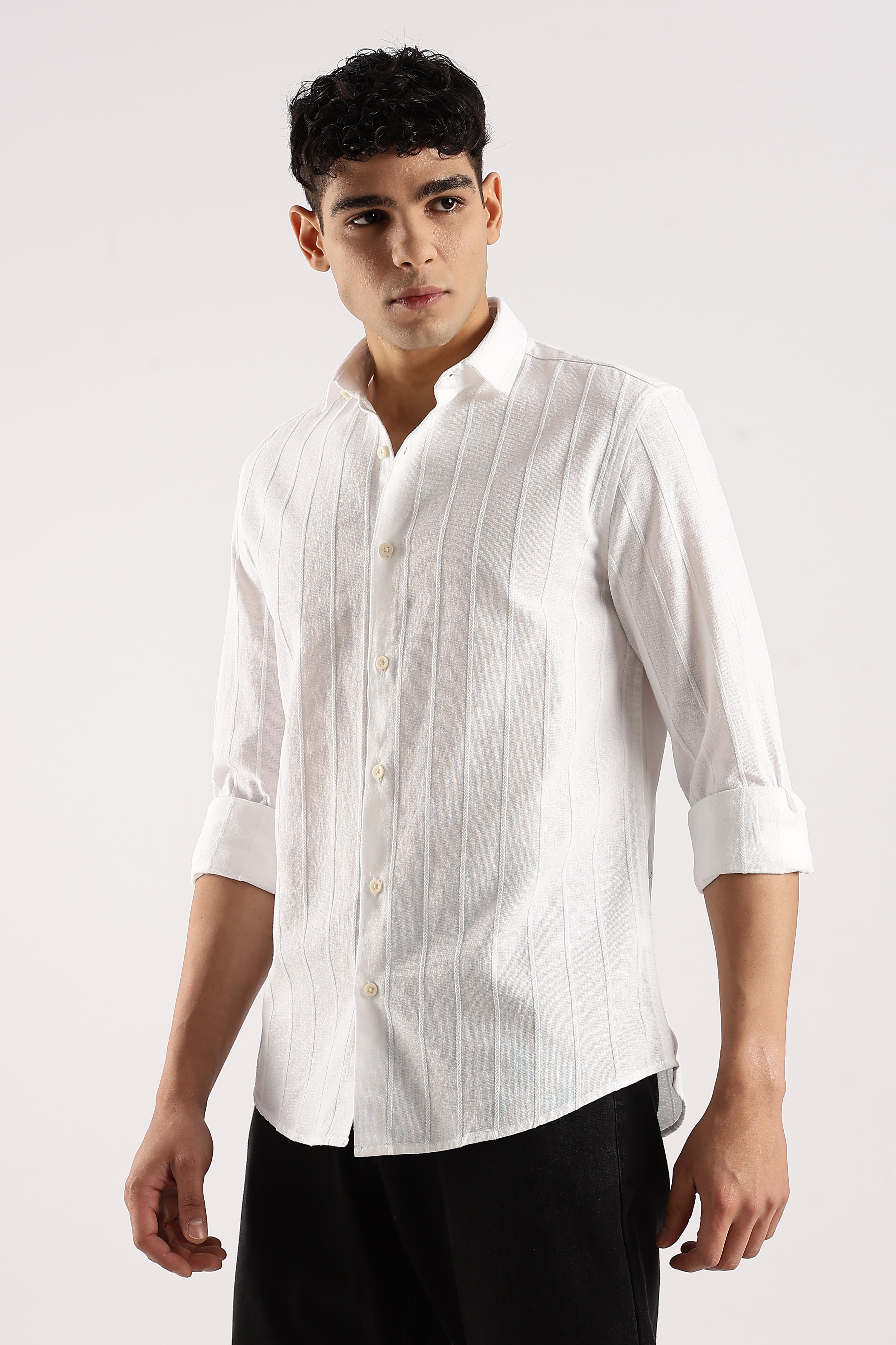 Men White Cotton Self-Striped Shirt