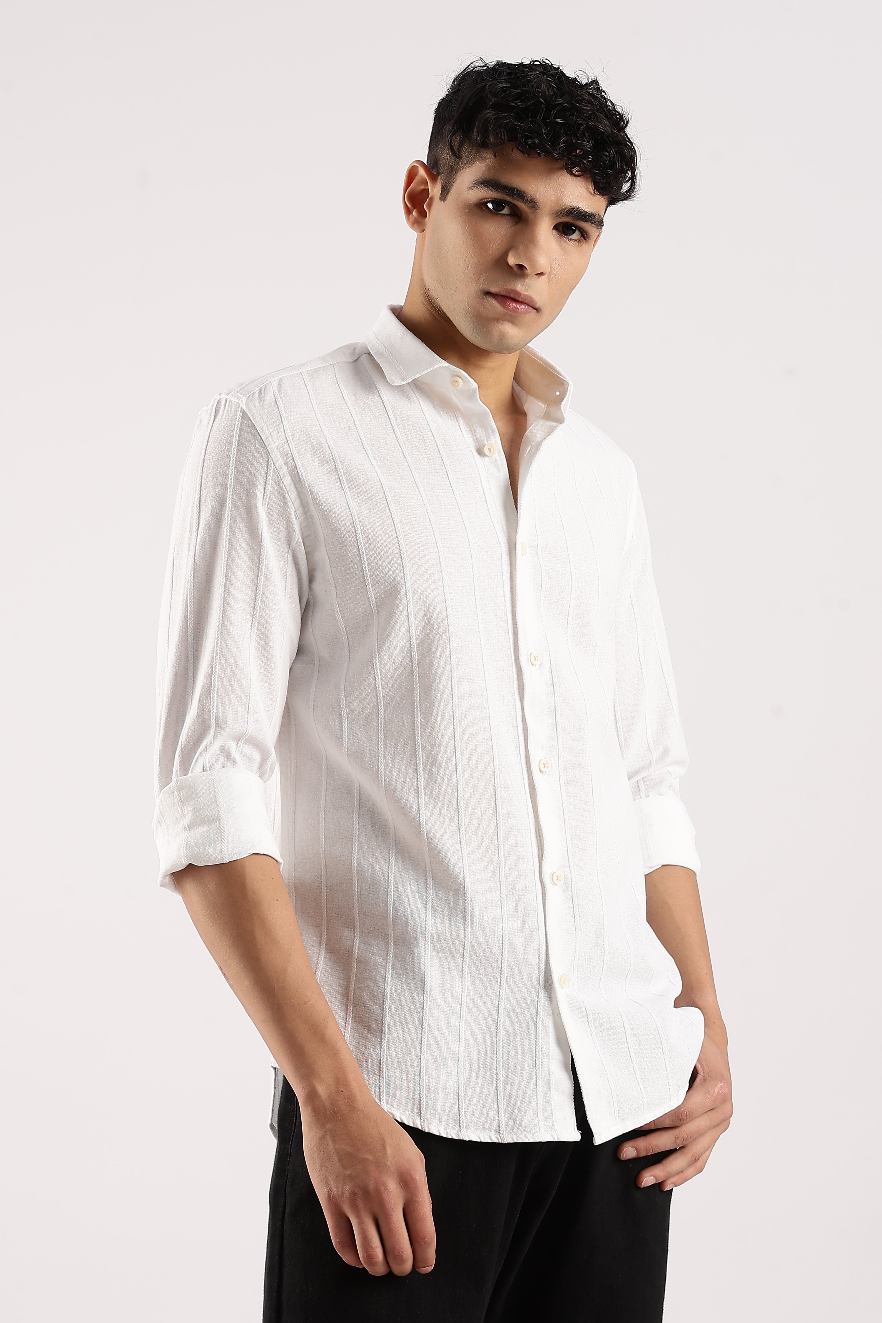 Men White Cotton Self-Striped Shirt