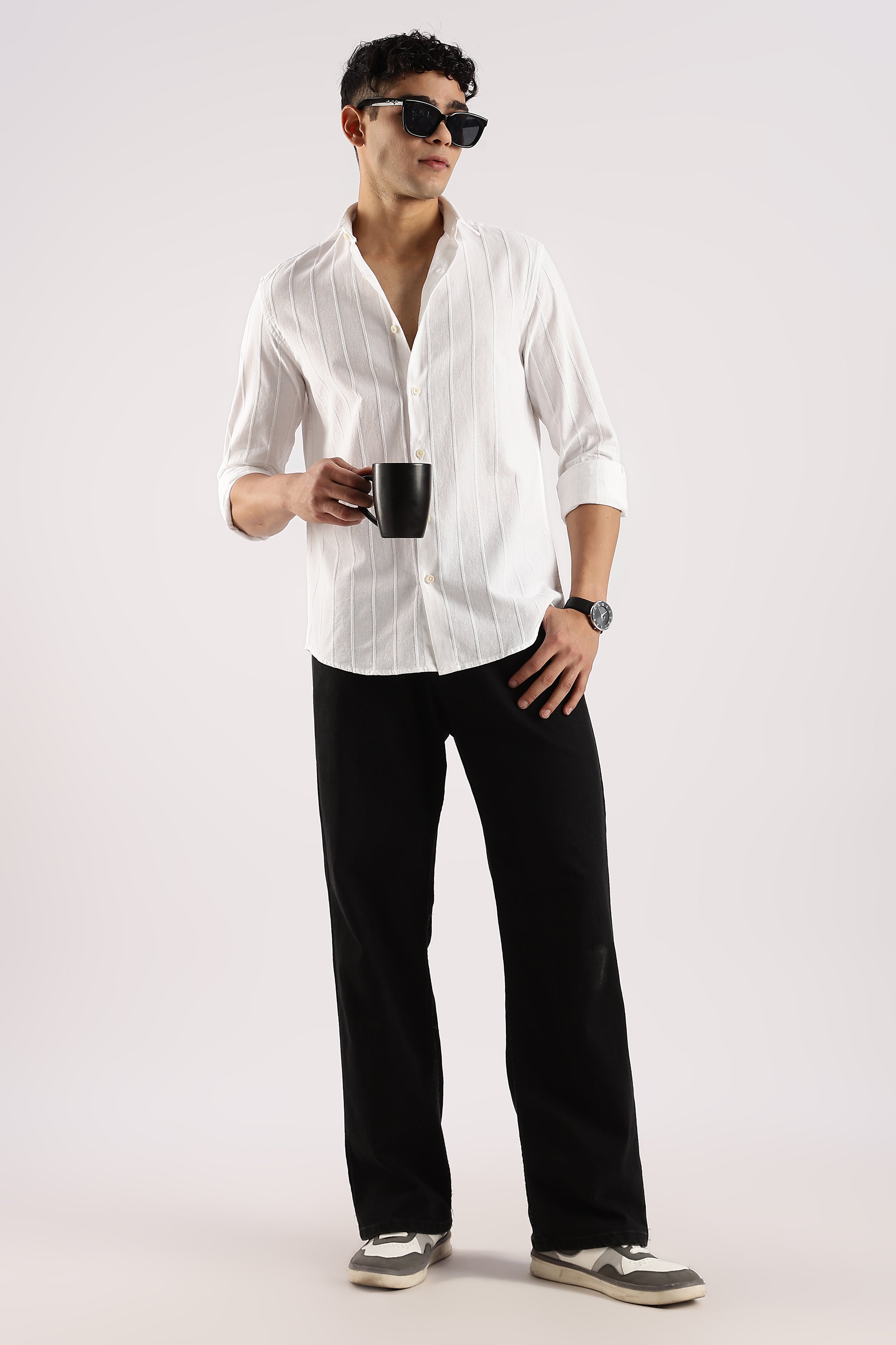 Men White Cotton Self-Striped Shirt