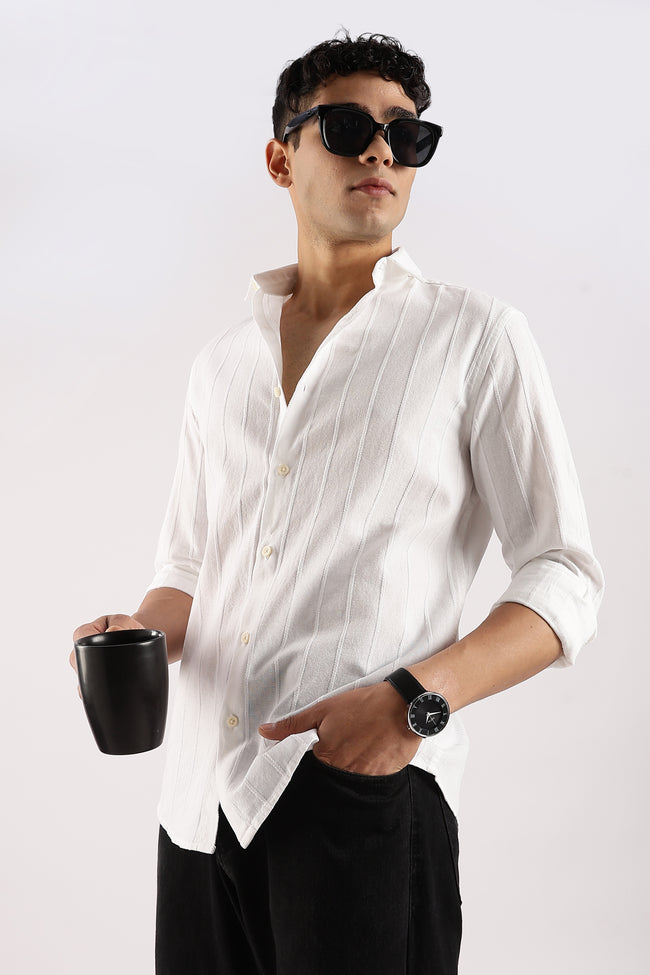 Men White Cotton Self-Striped Shirt