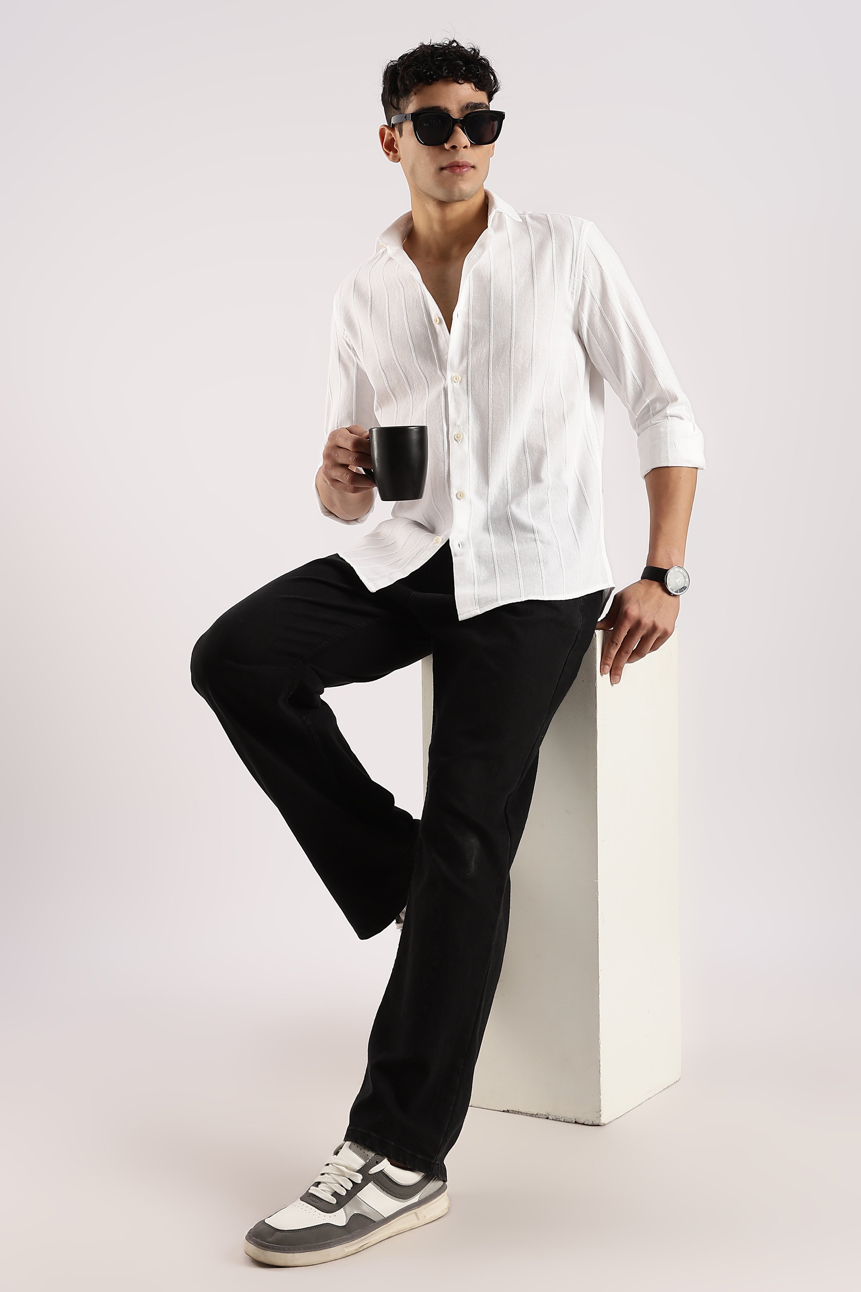 Men White Cotton Self-Striped Shirt