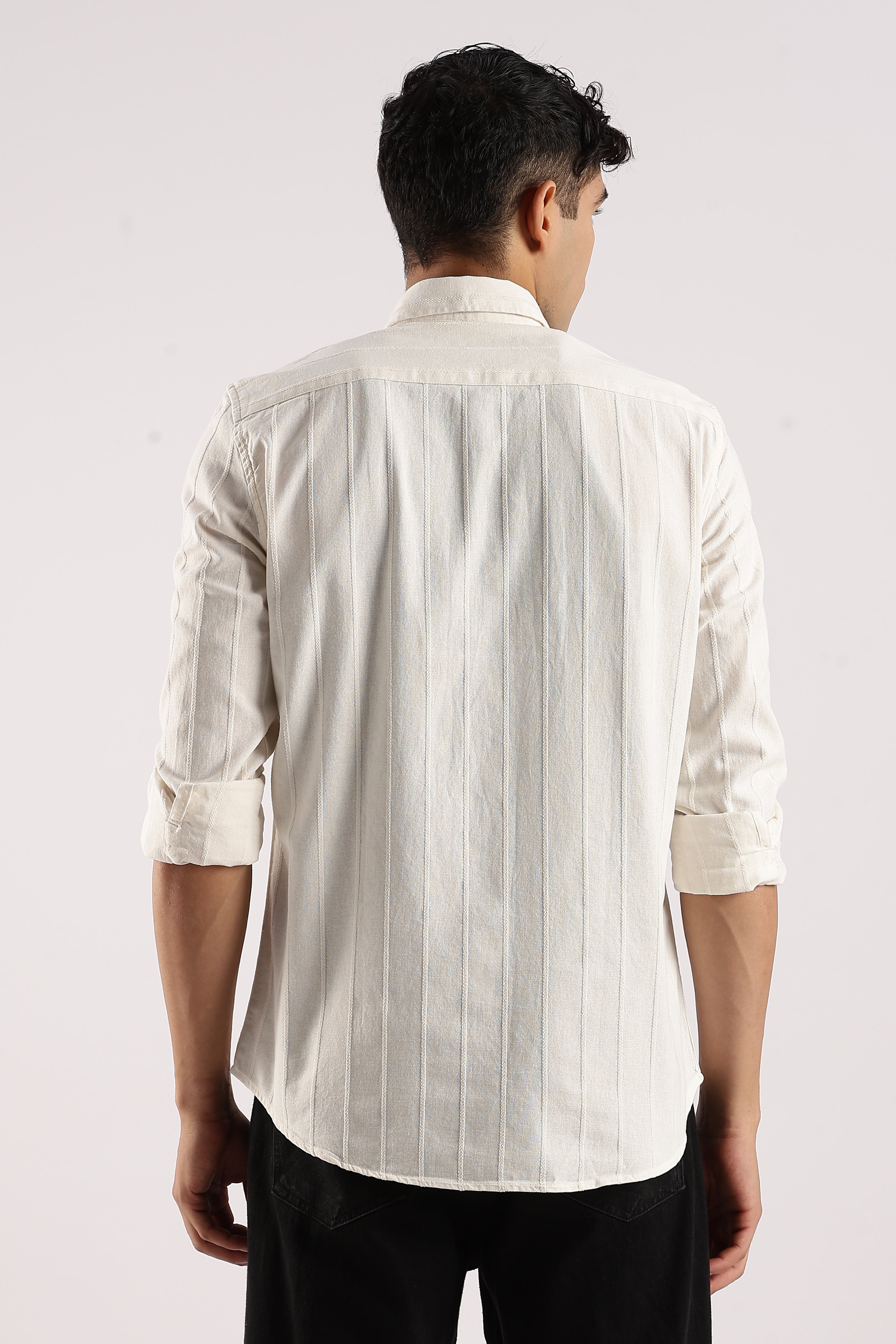 Men Off White Cotton Self-Striped Shirt