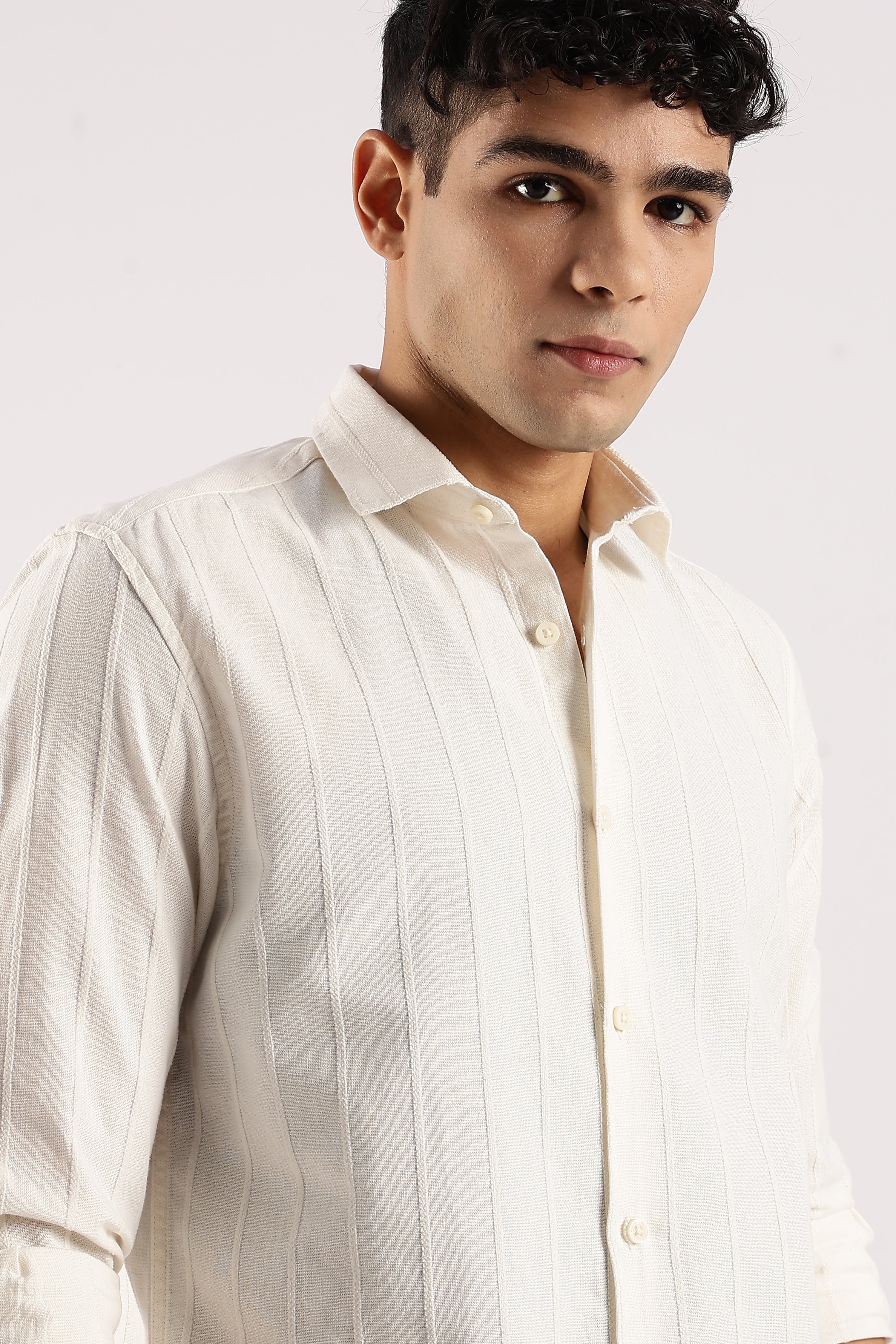 Men Off White Cotton Self-Striped Shirt