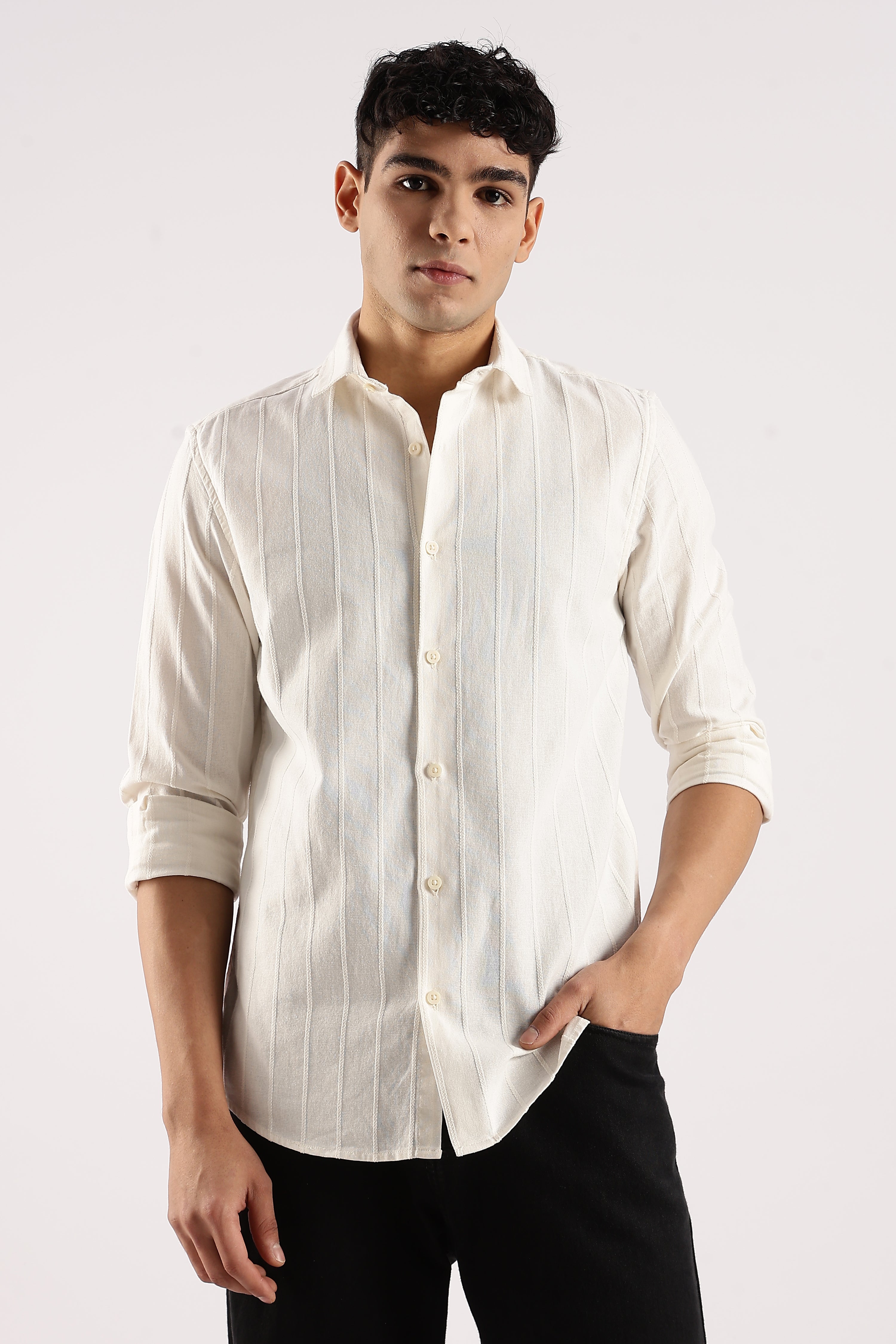 Men Off White Cotton Self-Striped Shirt