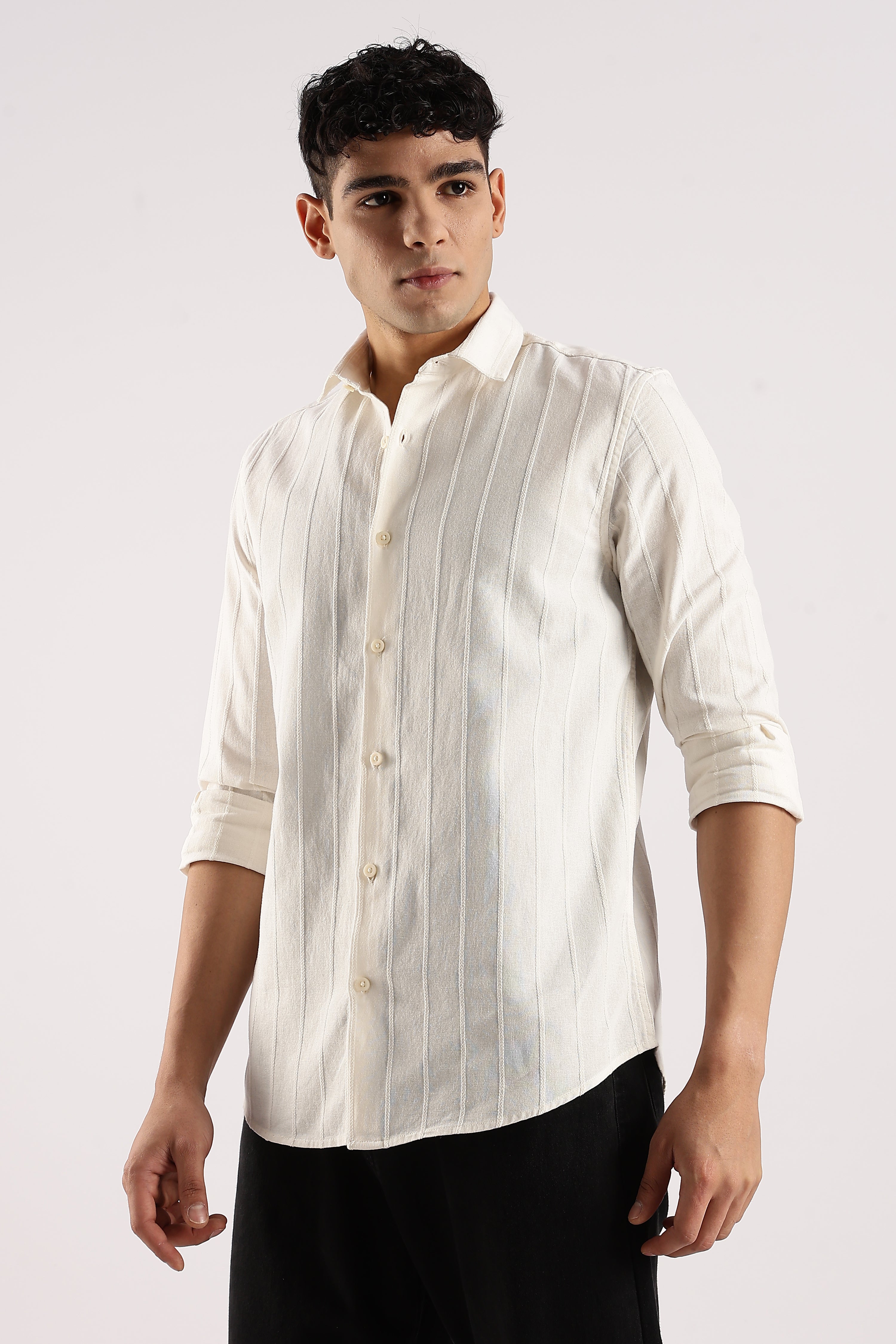 Men Off White Cotton Self-Striped Shirt