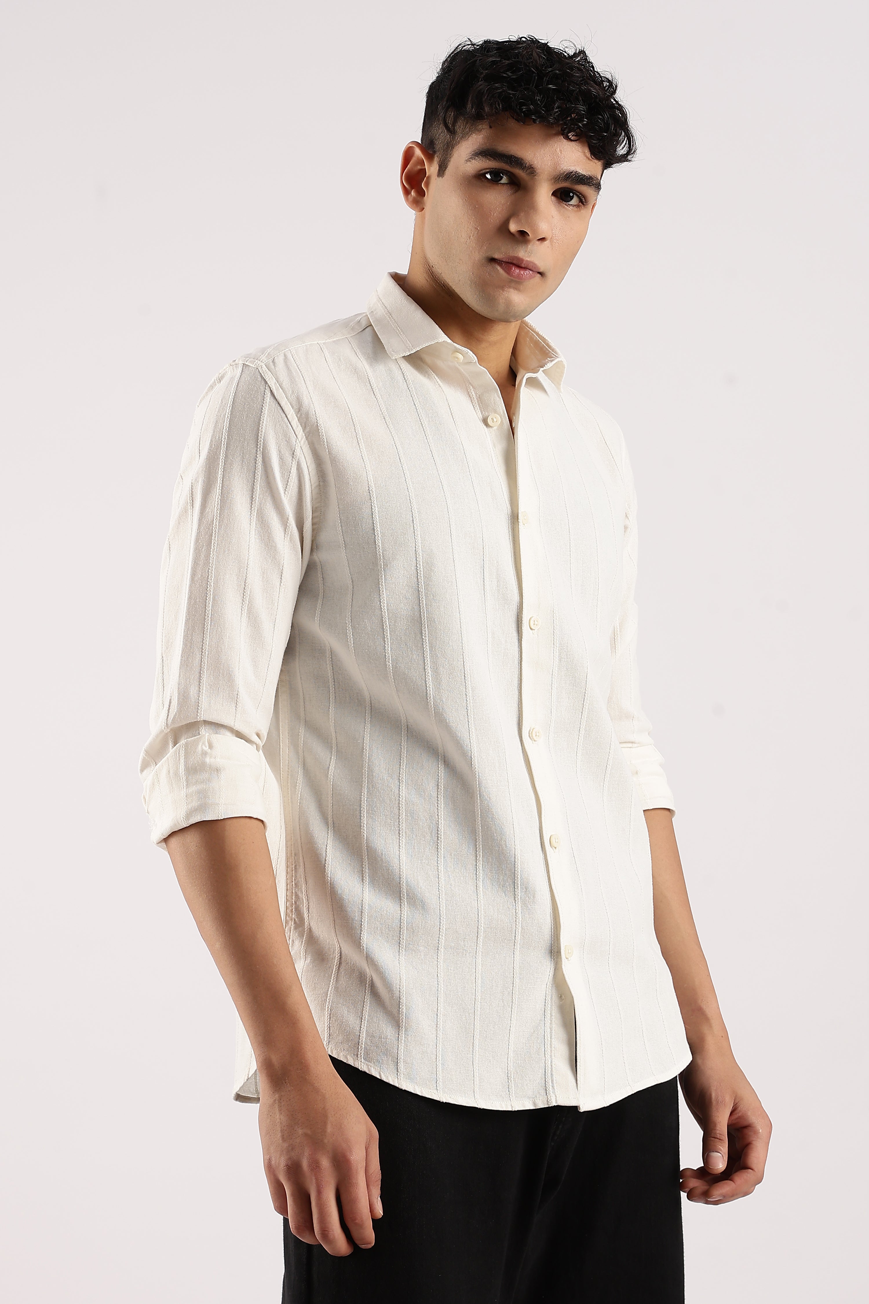 Men Off White Cotton Self-Striped Shirt