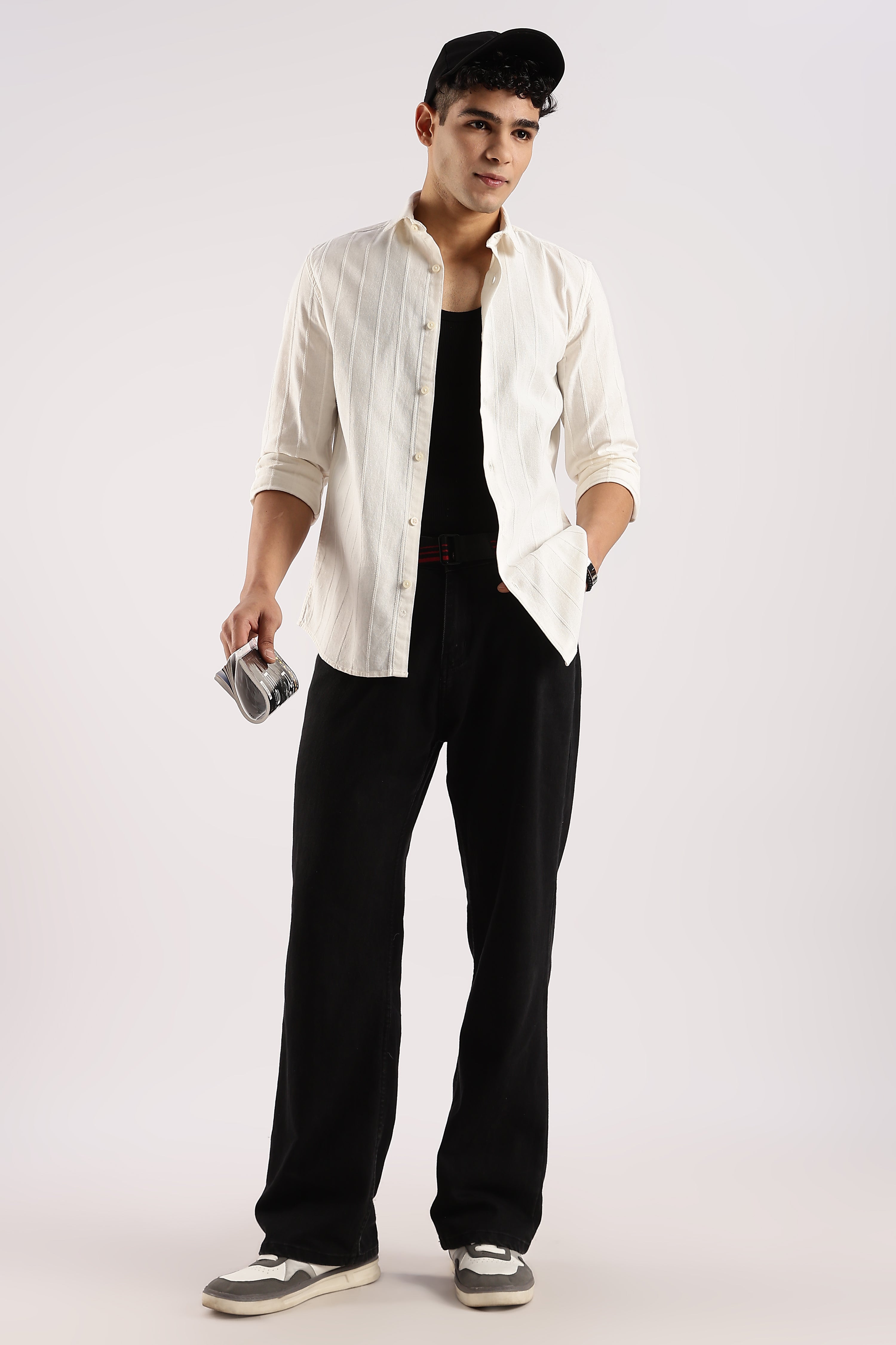 Men Off White Cotton Self-Striped Shirt