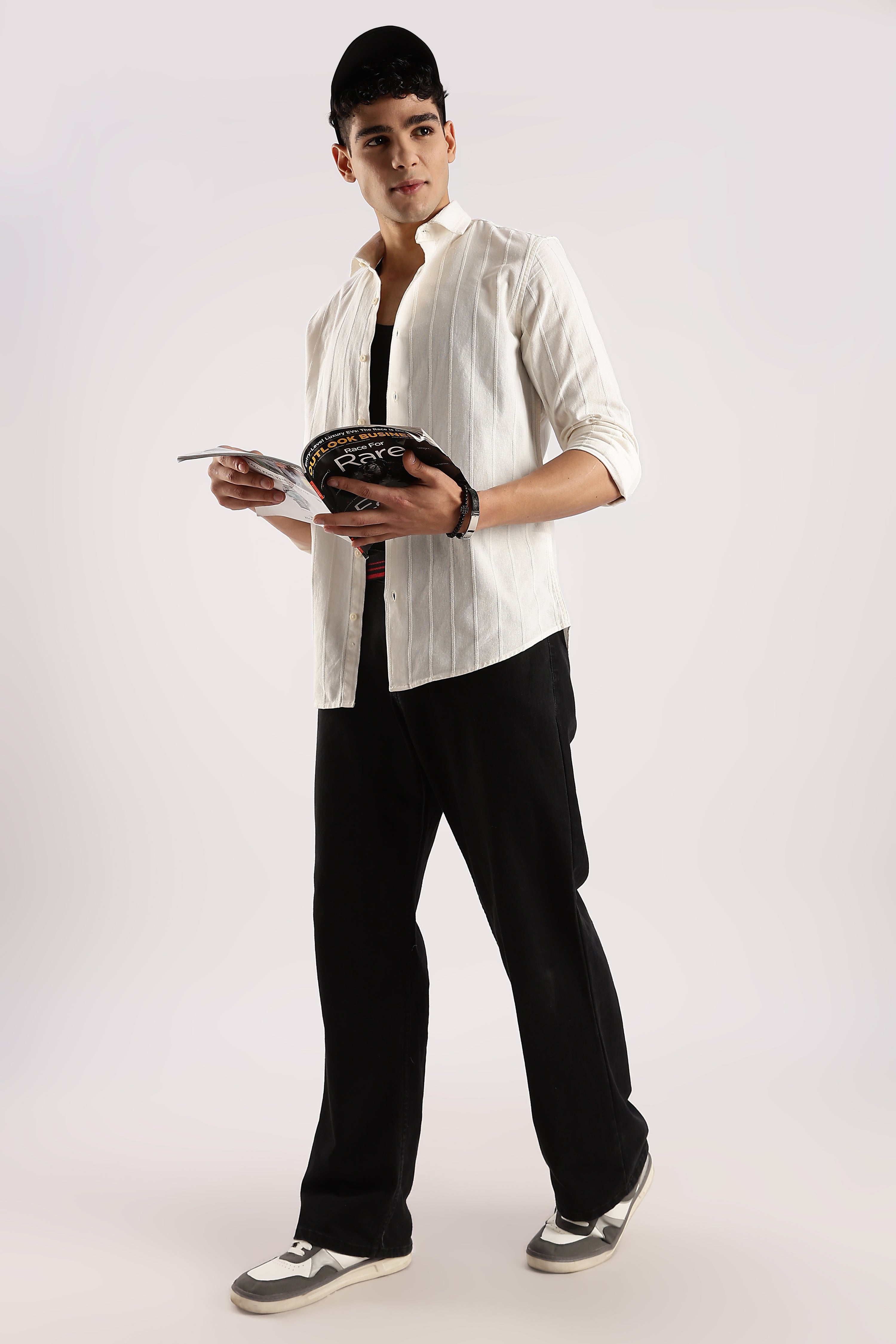 Men Off White Cotton Self-Striped Shirt