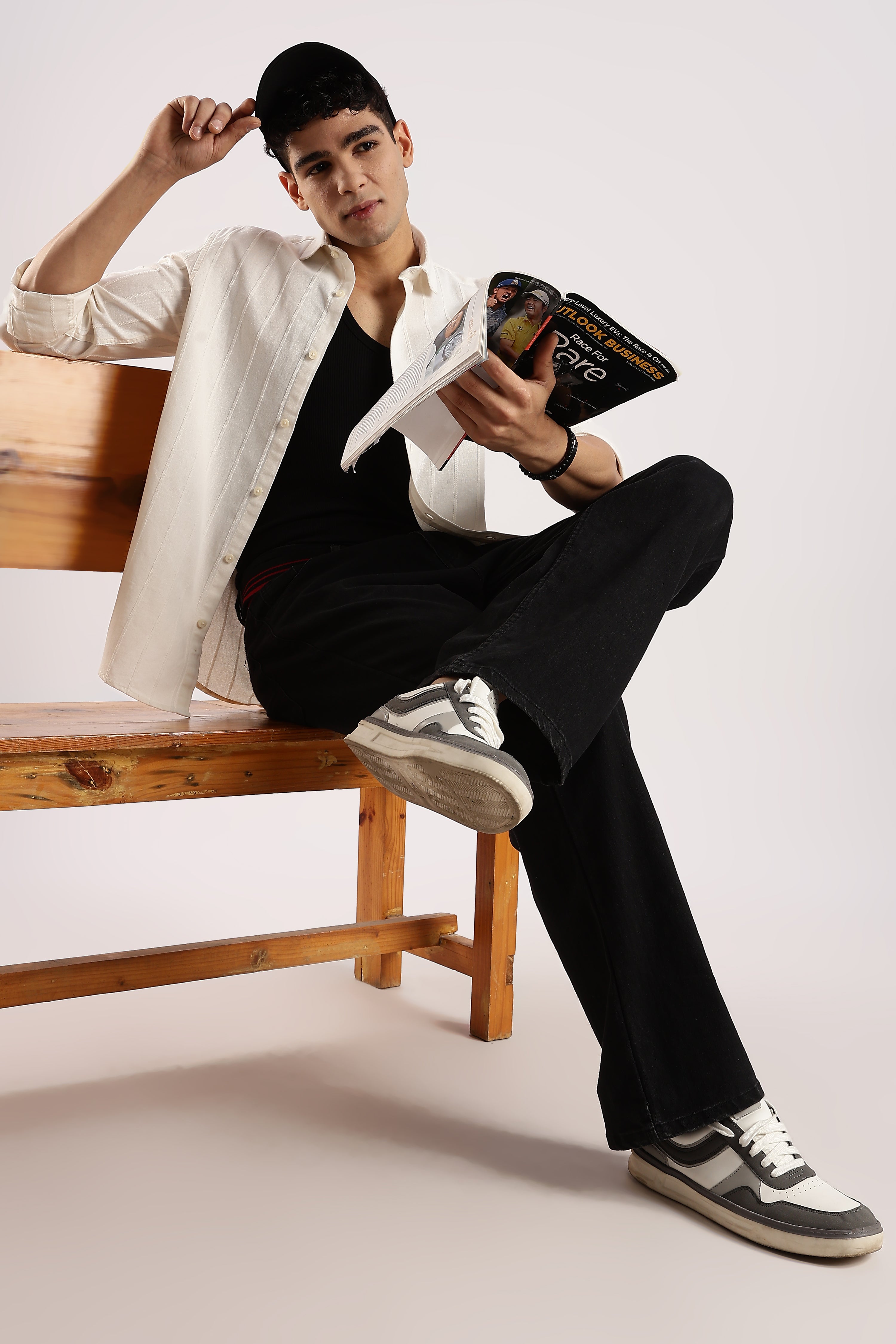 Men Off White Cotton Self-Striped Shirt