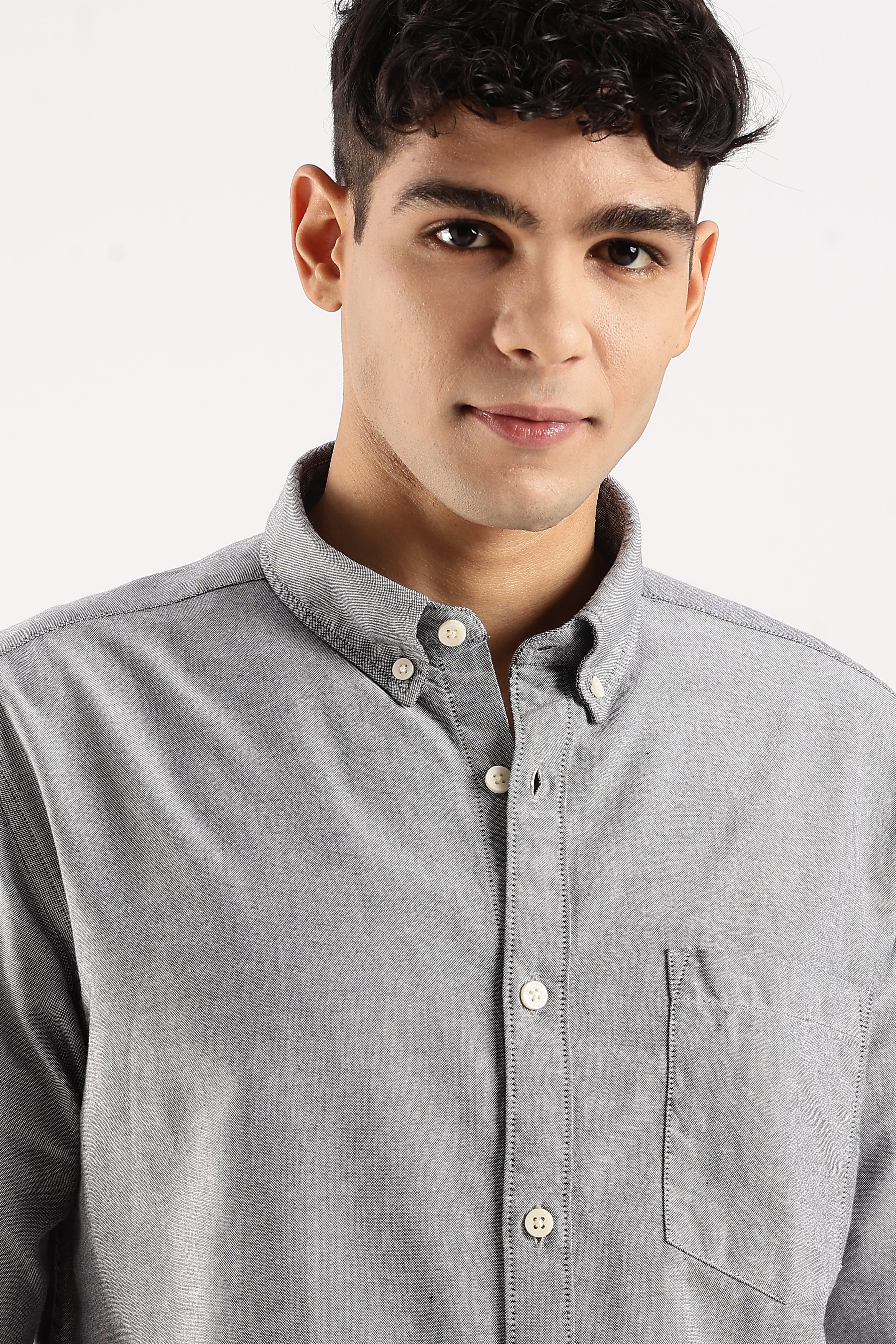 Men Grey Cotton Oxford Shirt