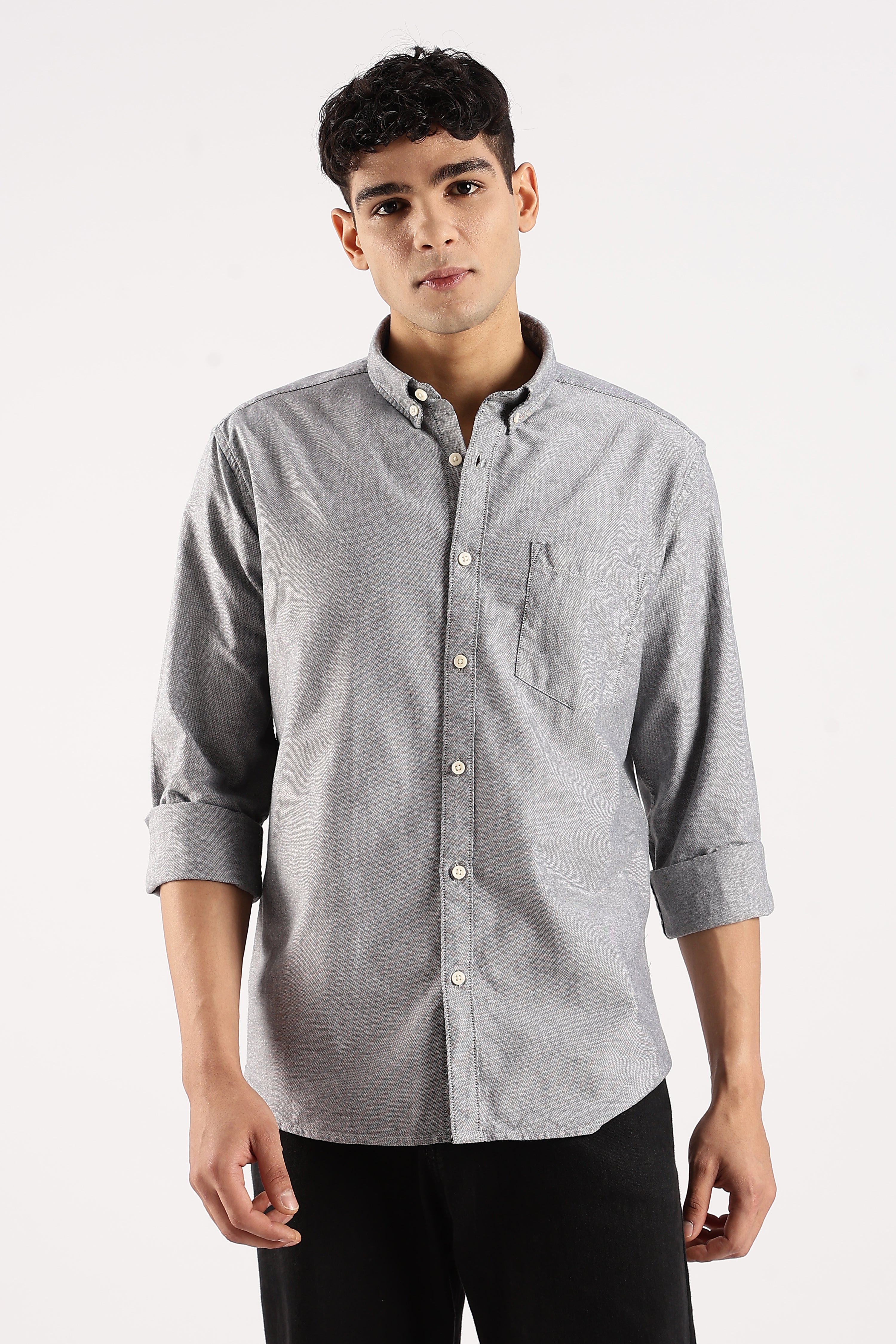 Men Grey Cotton Oxford Shirt