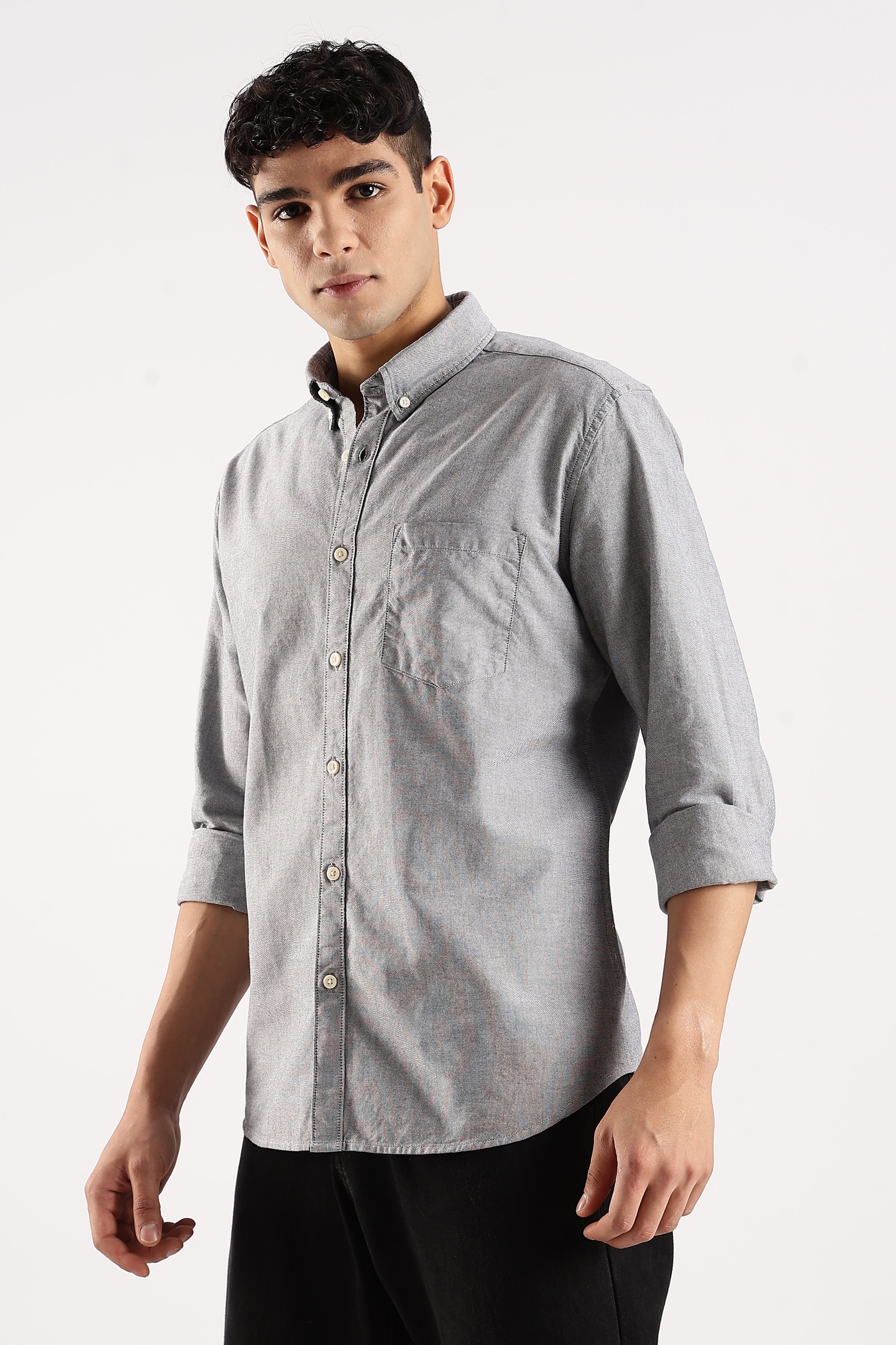 Men Grey Cotton Oxford Shirt