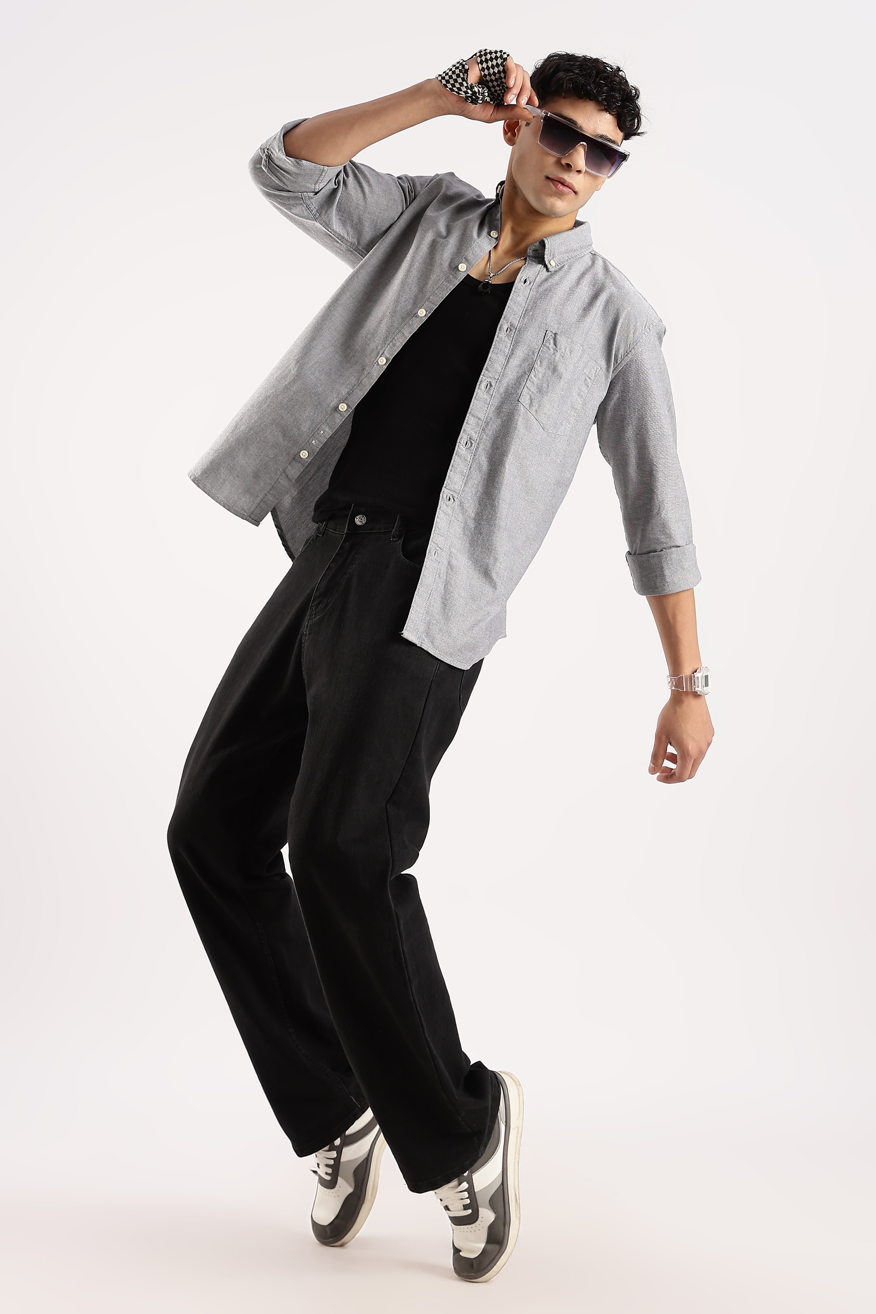 Men Grey Cotton Oxford Shirt