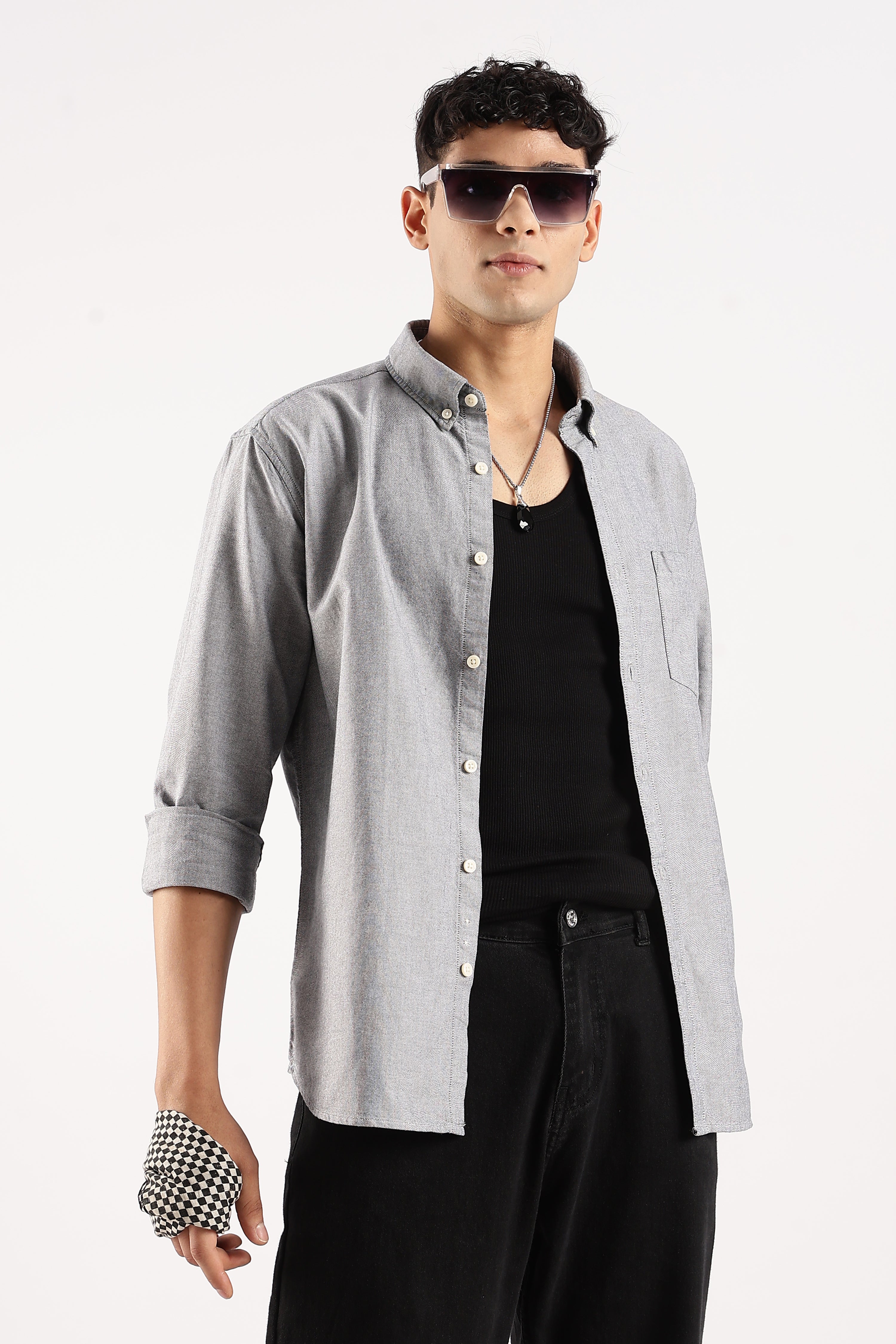 Men Grey Cotton Oxford Shirt