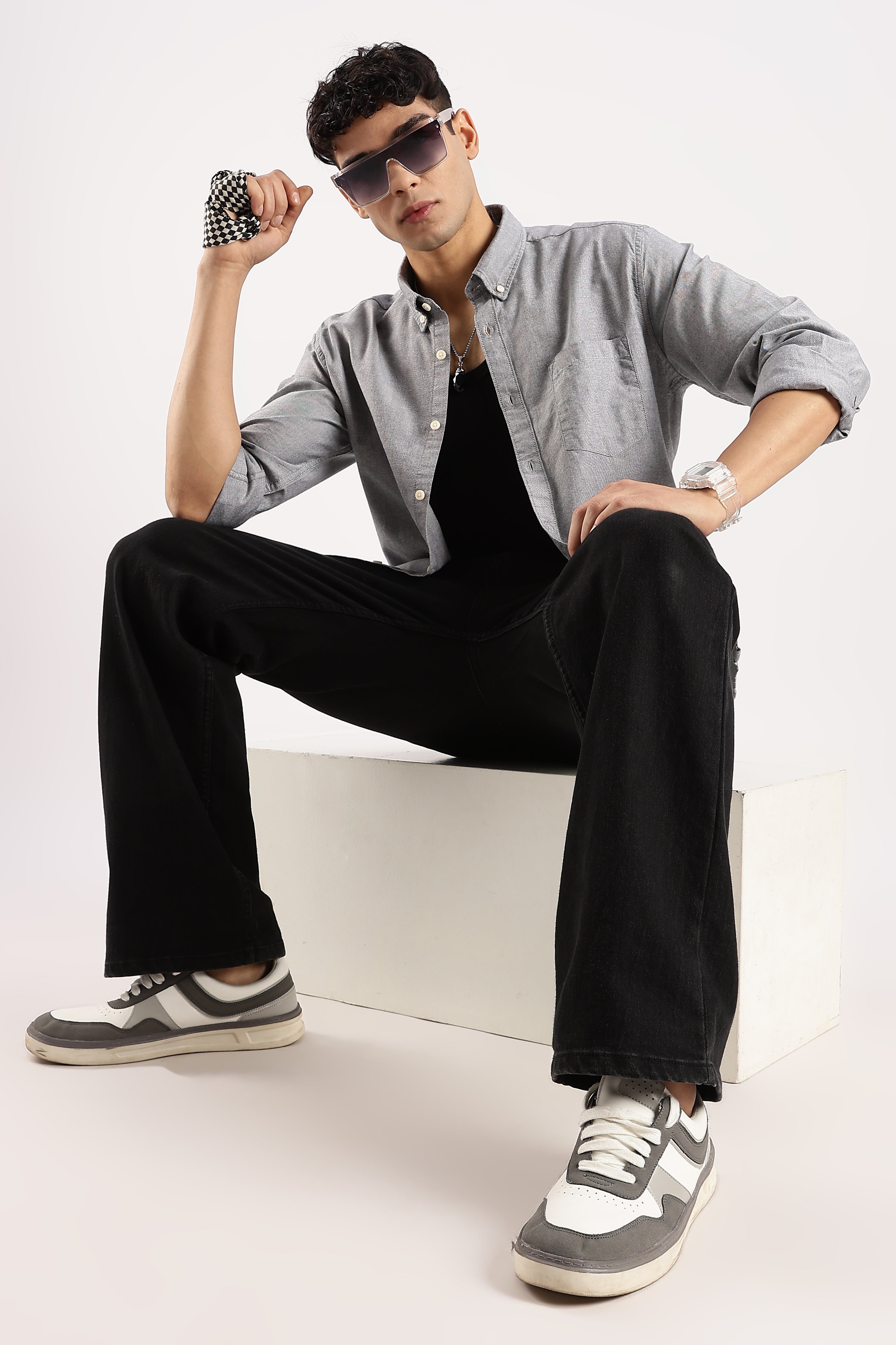 Men Grey Cotton Oxford Shirt