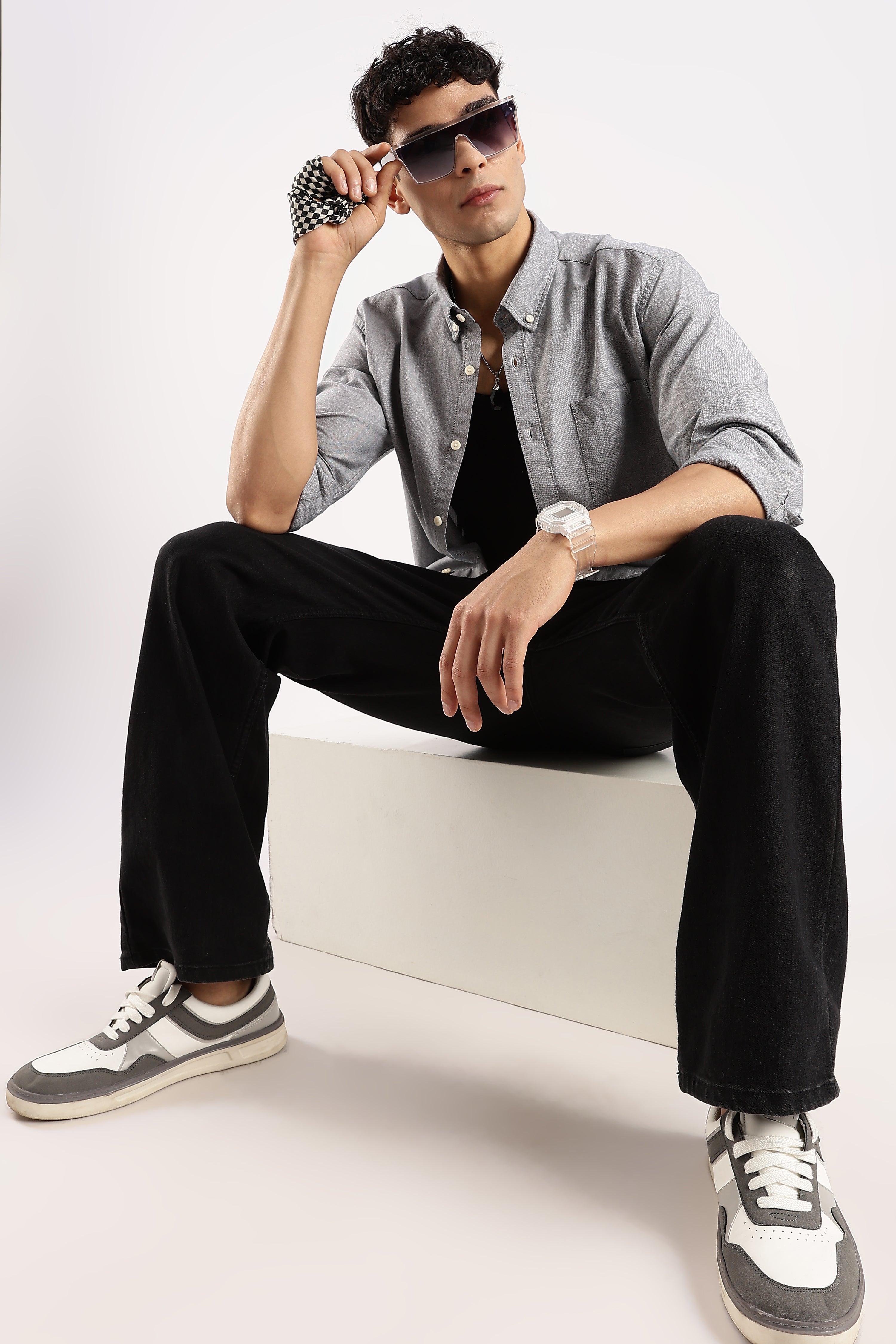 Men Grey Cotton Oxford Shirt