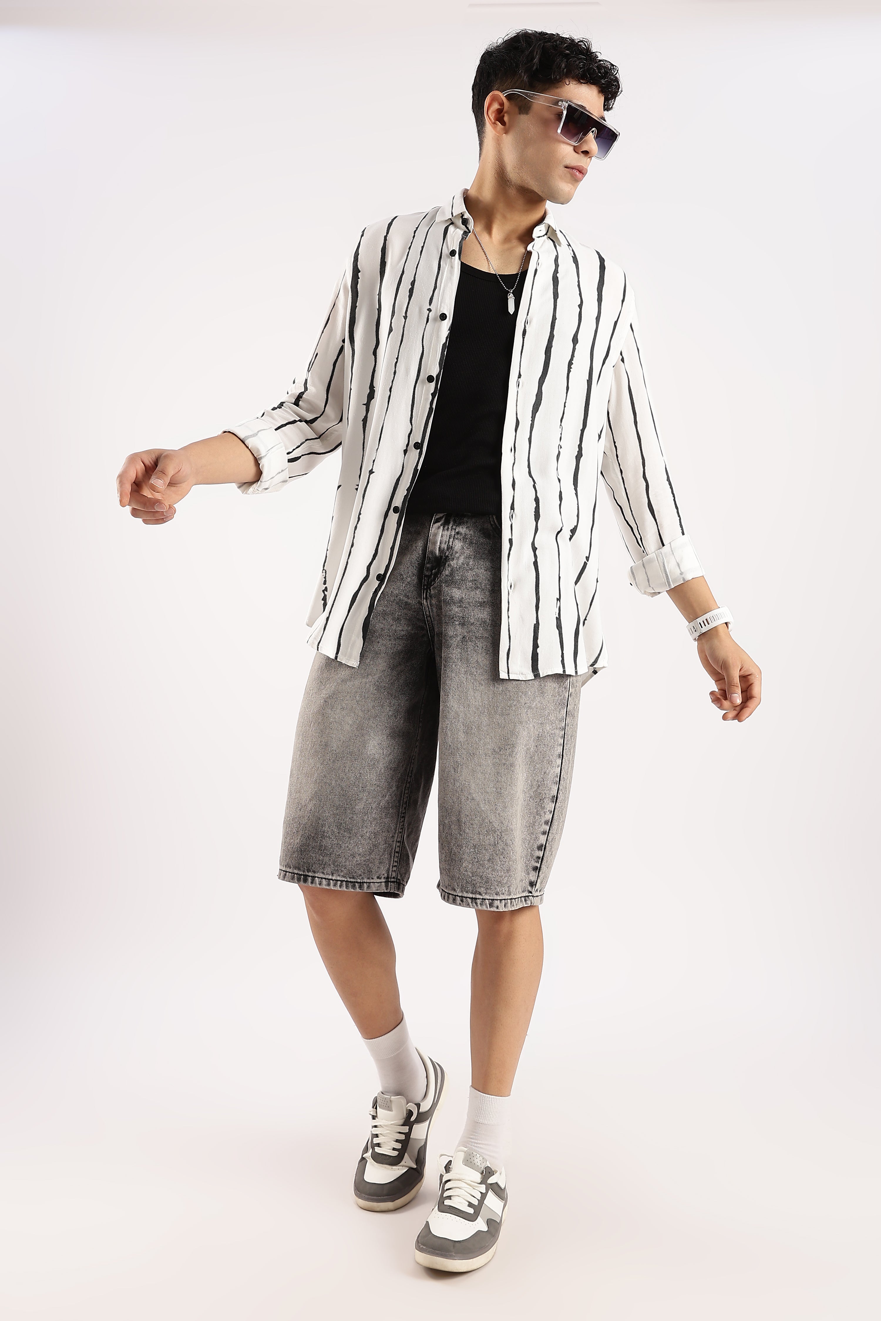 Men White Viscose Striped Shirt