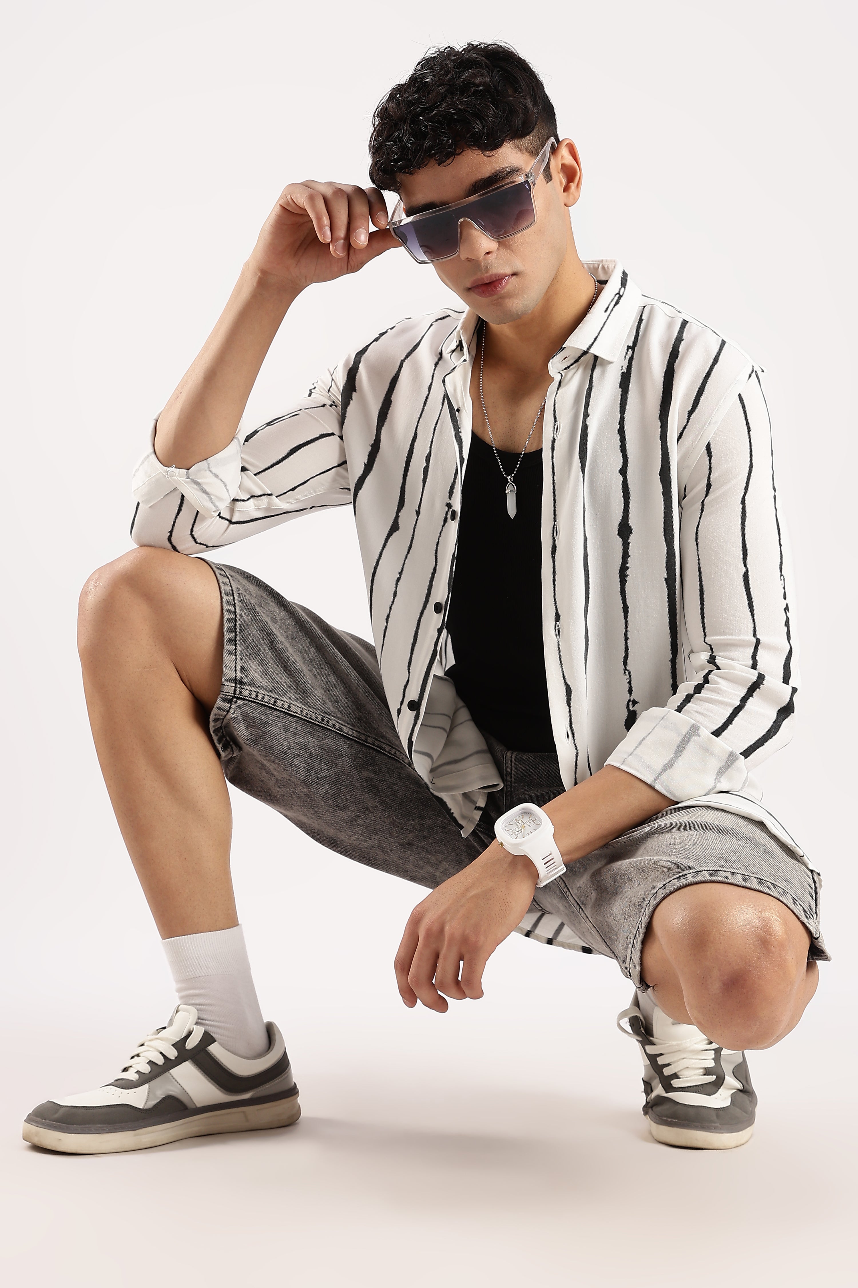 Men White Viscose Striped Shirt