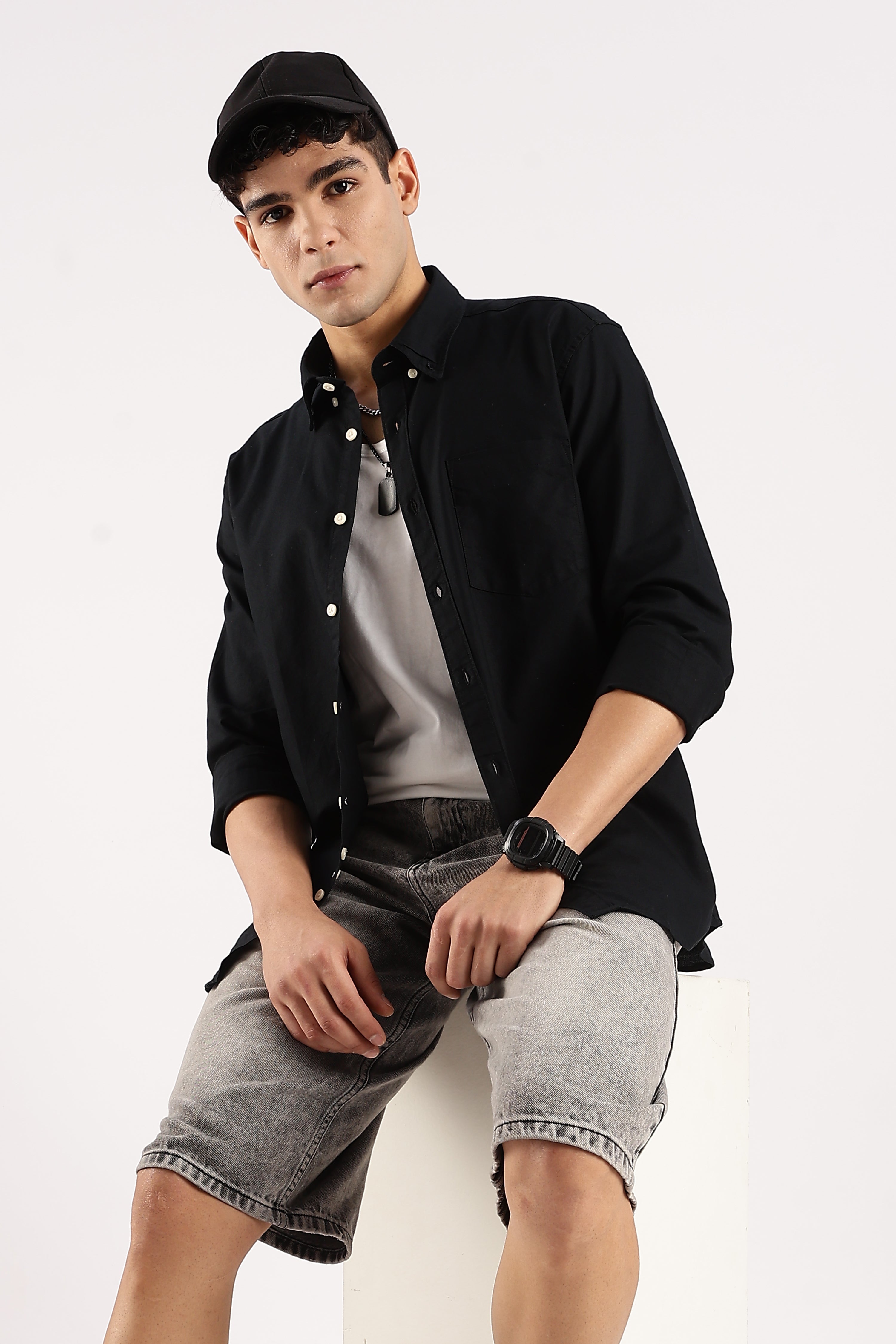 Men Black Cotton Oxford Shirt