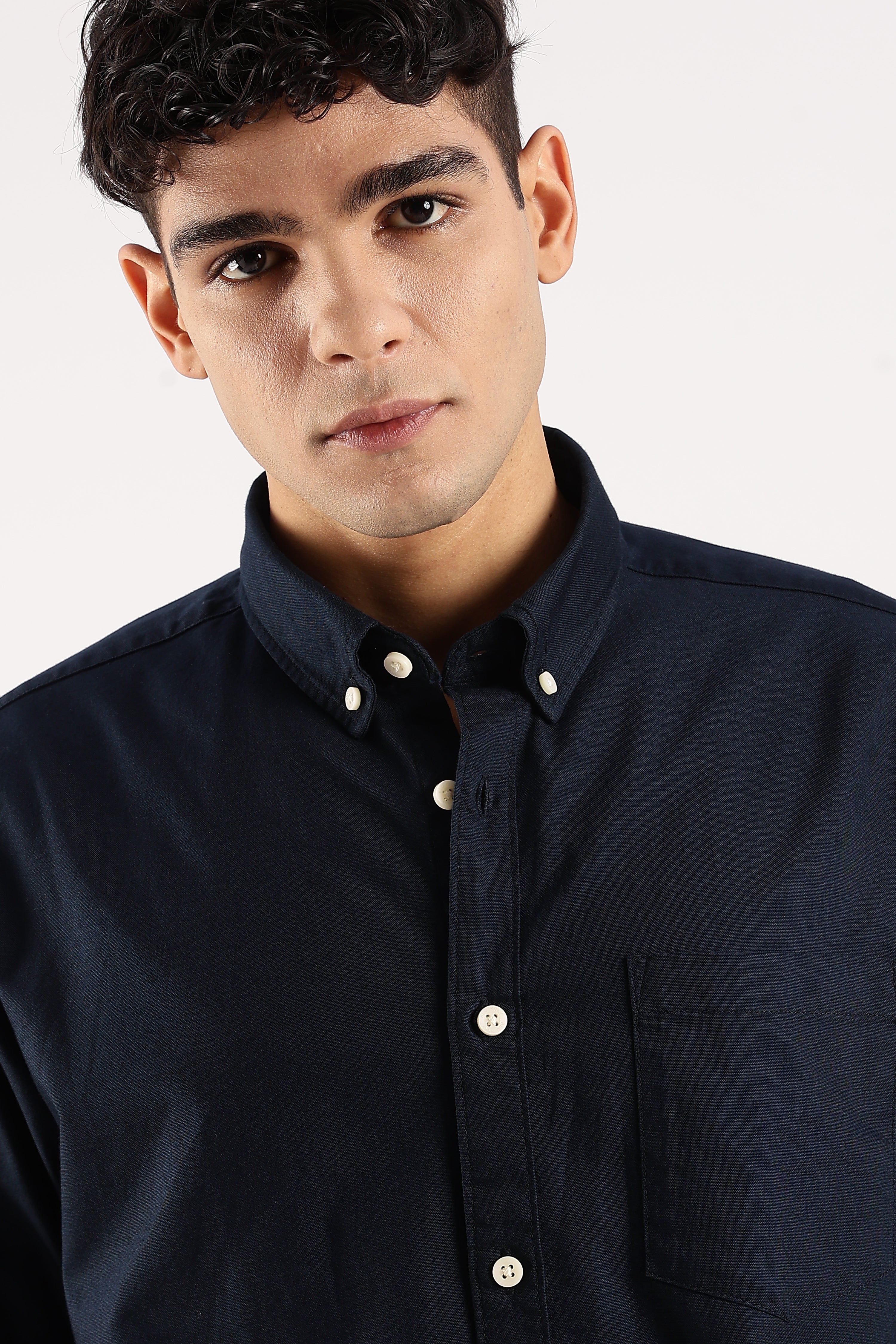 Men Navy Blue Cotton Oxford Shirt