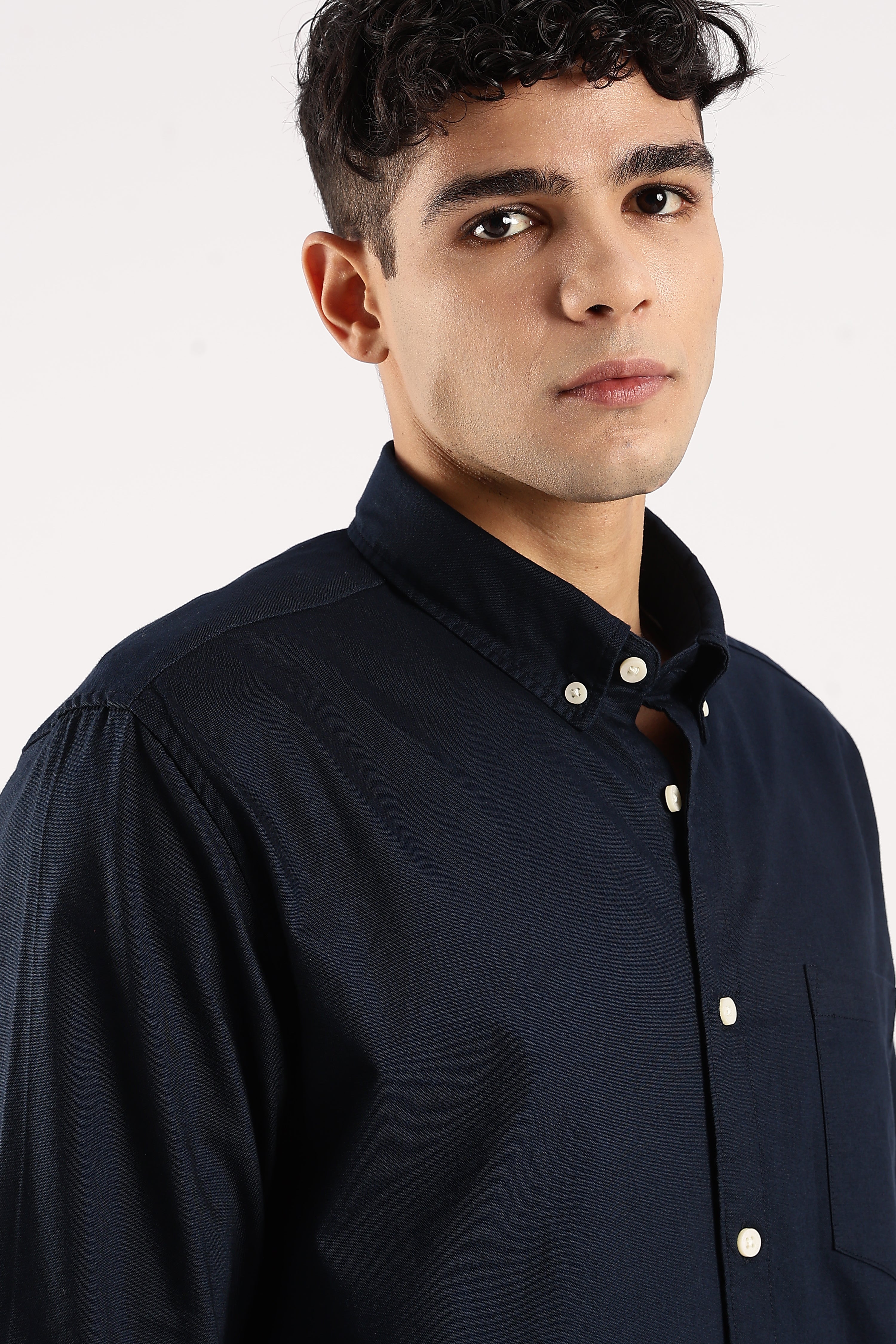 Men Navy Blue Cotton Oxford Shirt