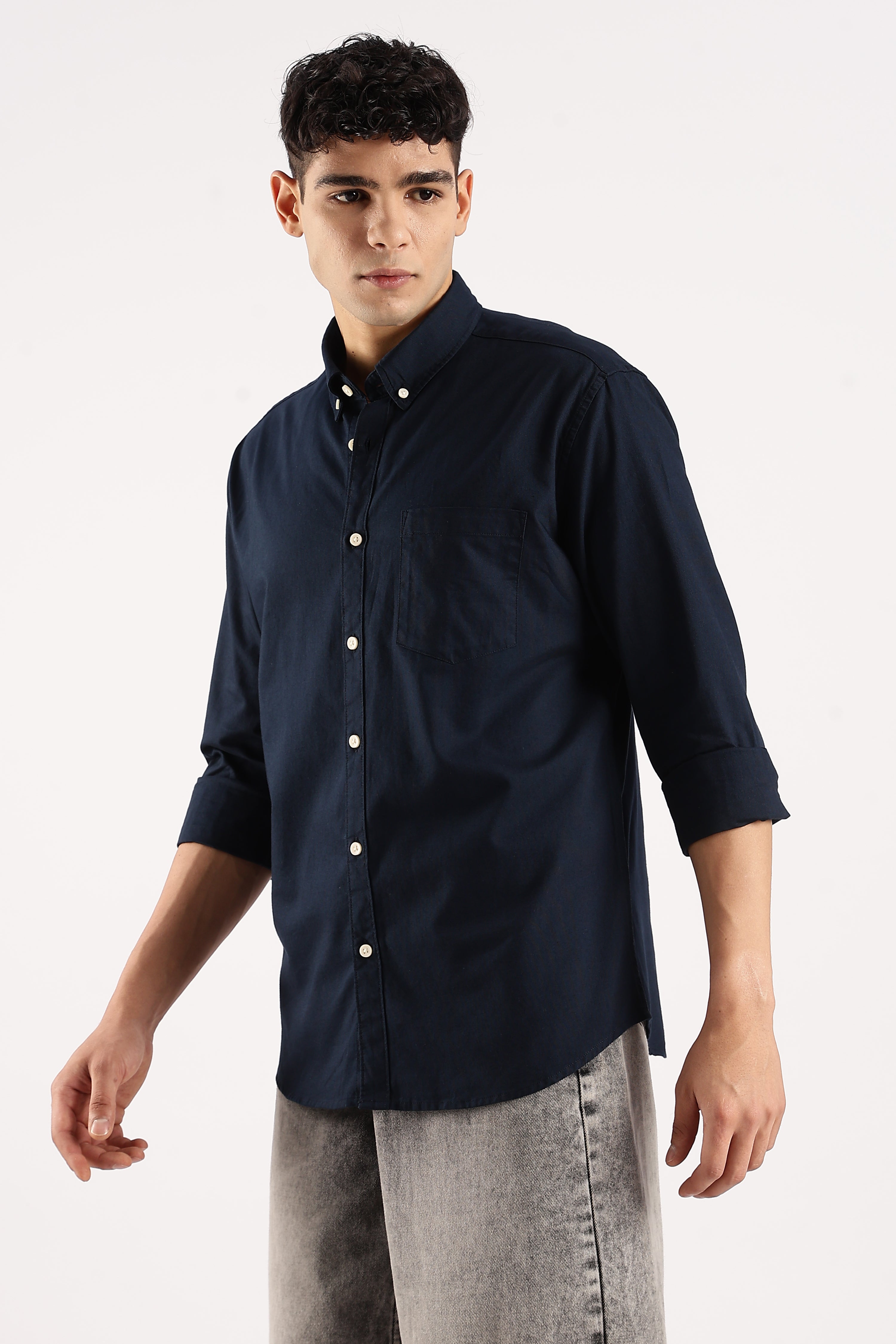 Men Navy Blue Cotton Oxford Shirt