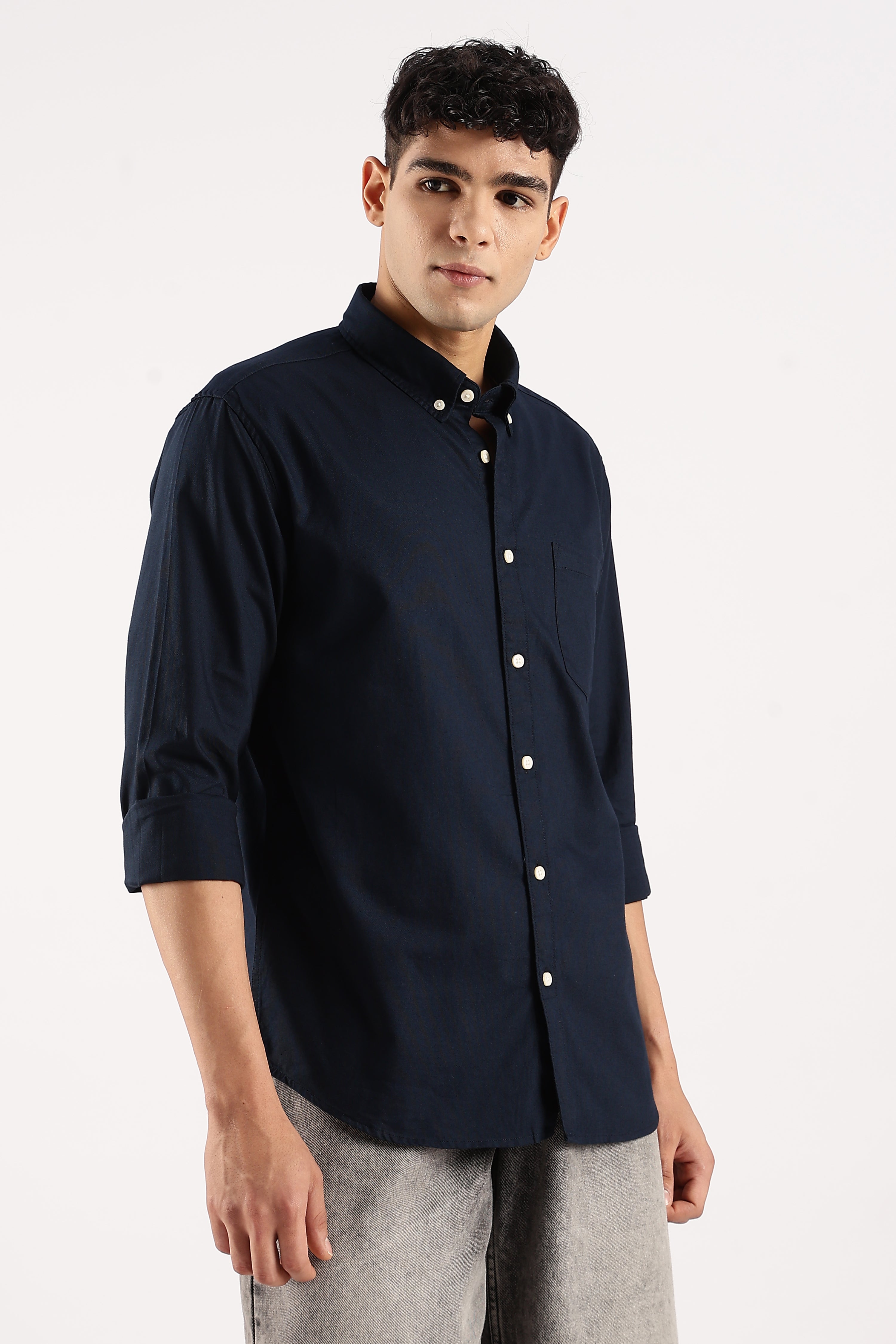 Men Navy Blue Cotton Oxford Shirt