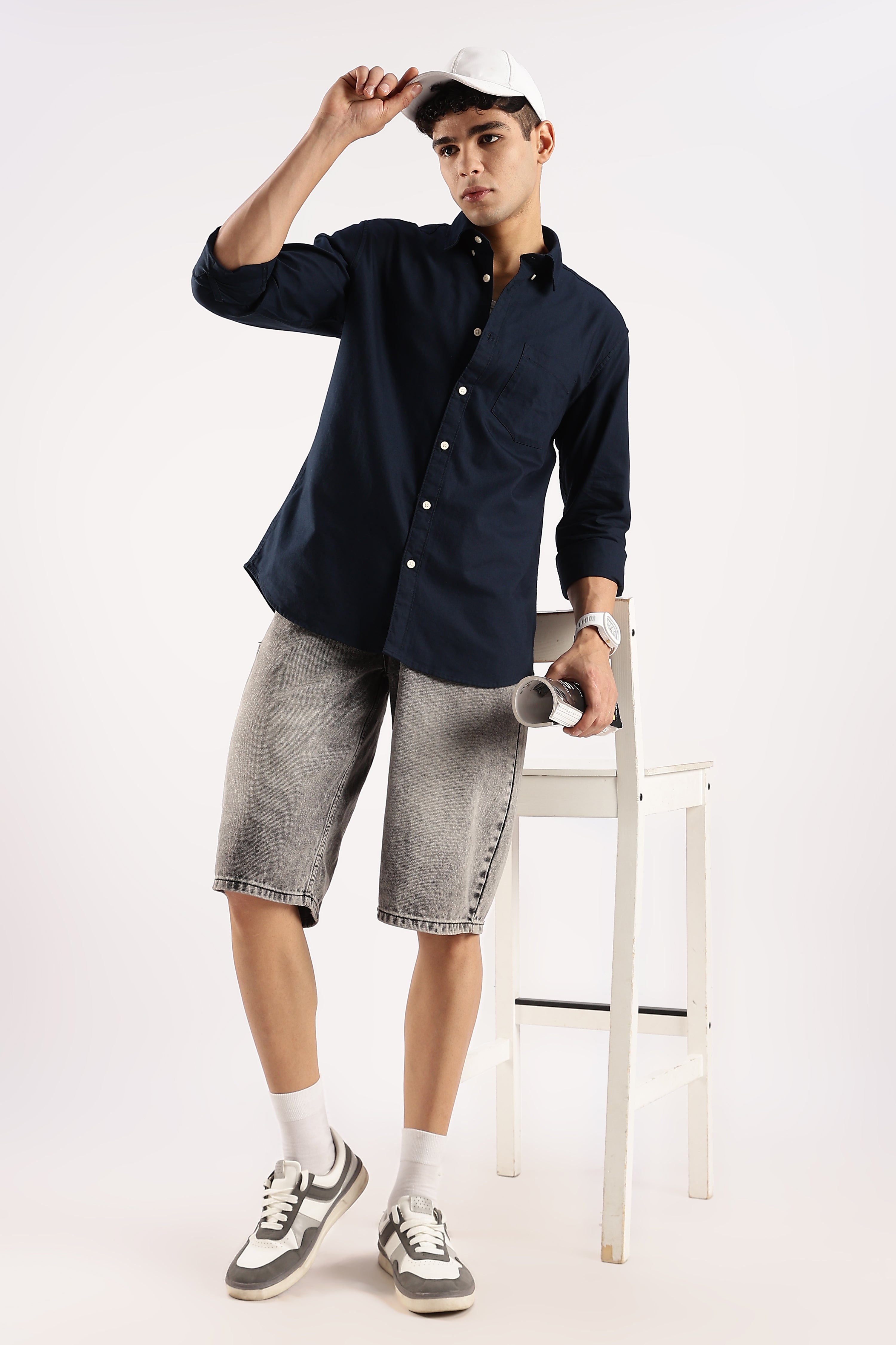 Men Navy Blue Cotton Oxford Shirt