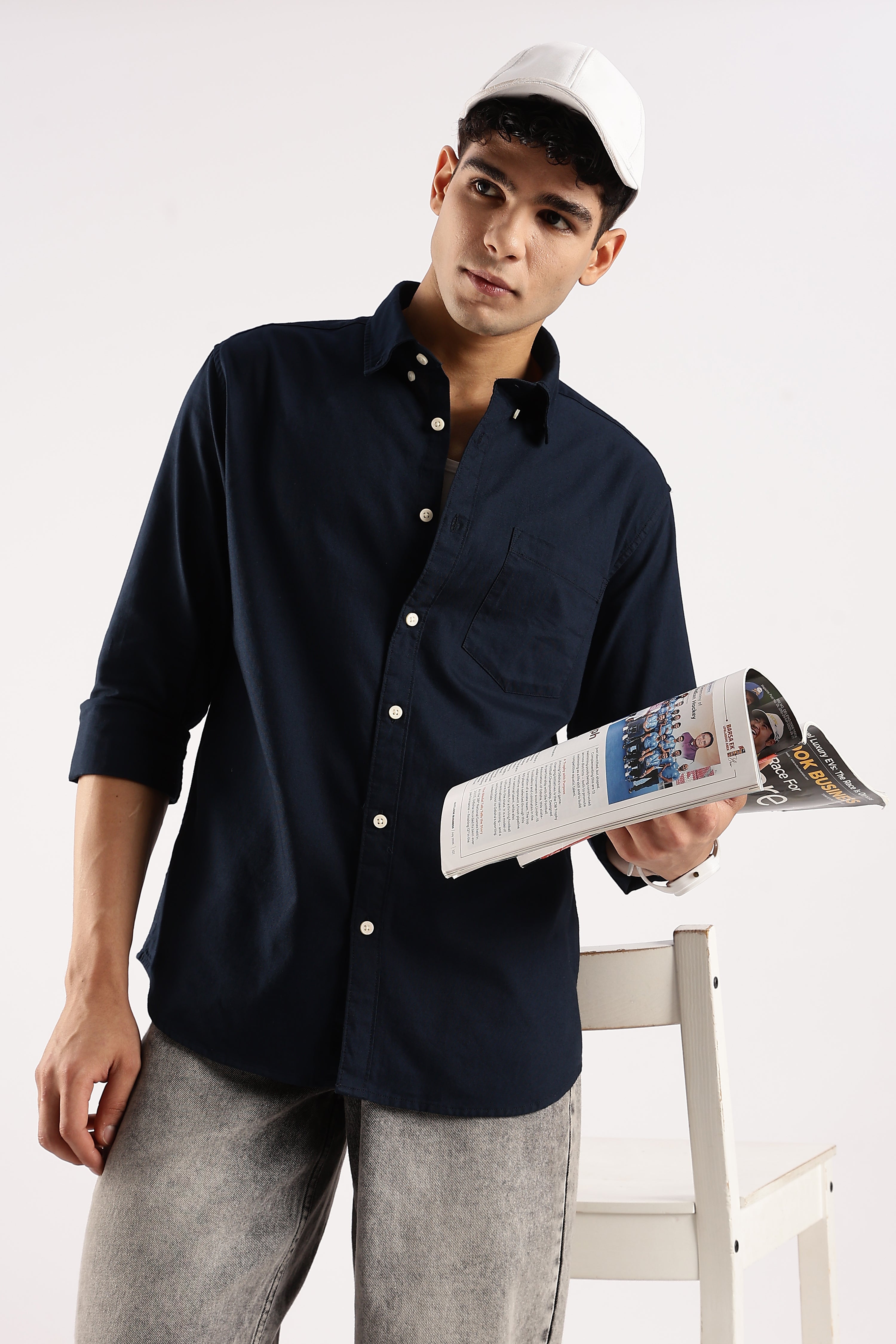 Men Navy Blue Cotton Oxford Shirt