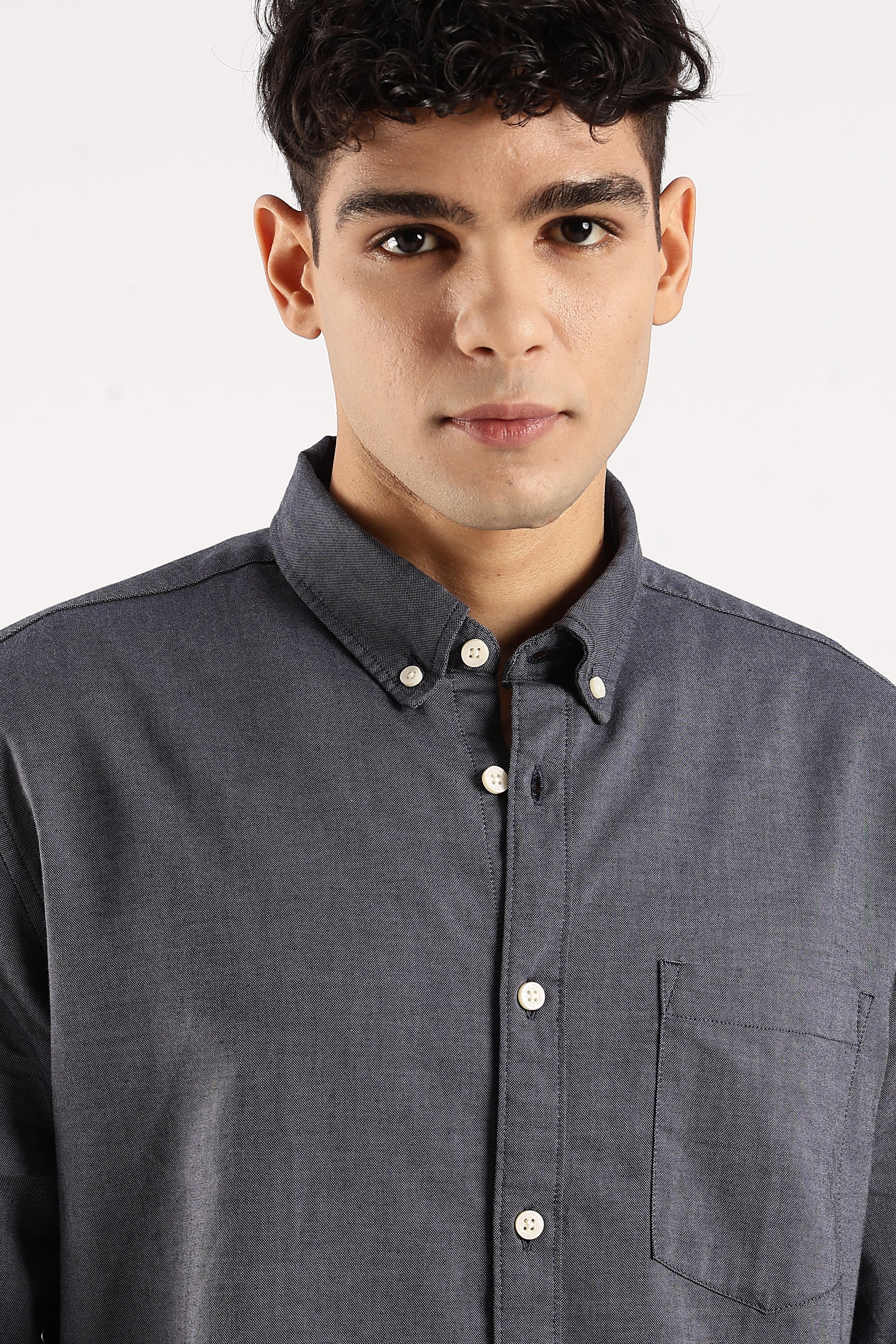 Men Navy Blue Cotton Oxford Shirt