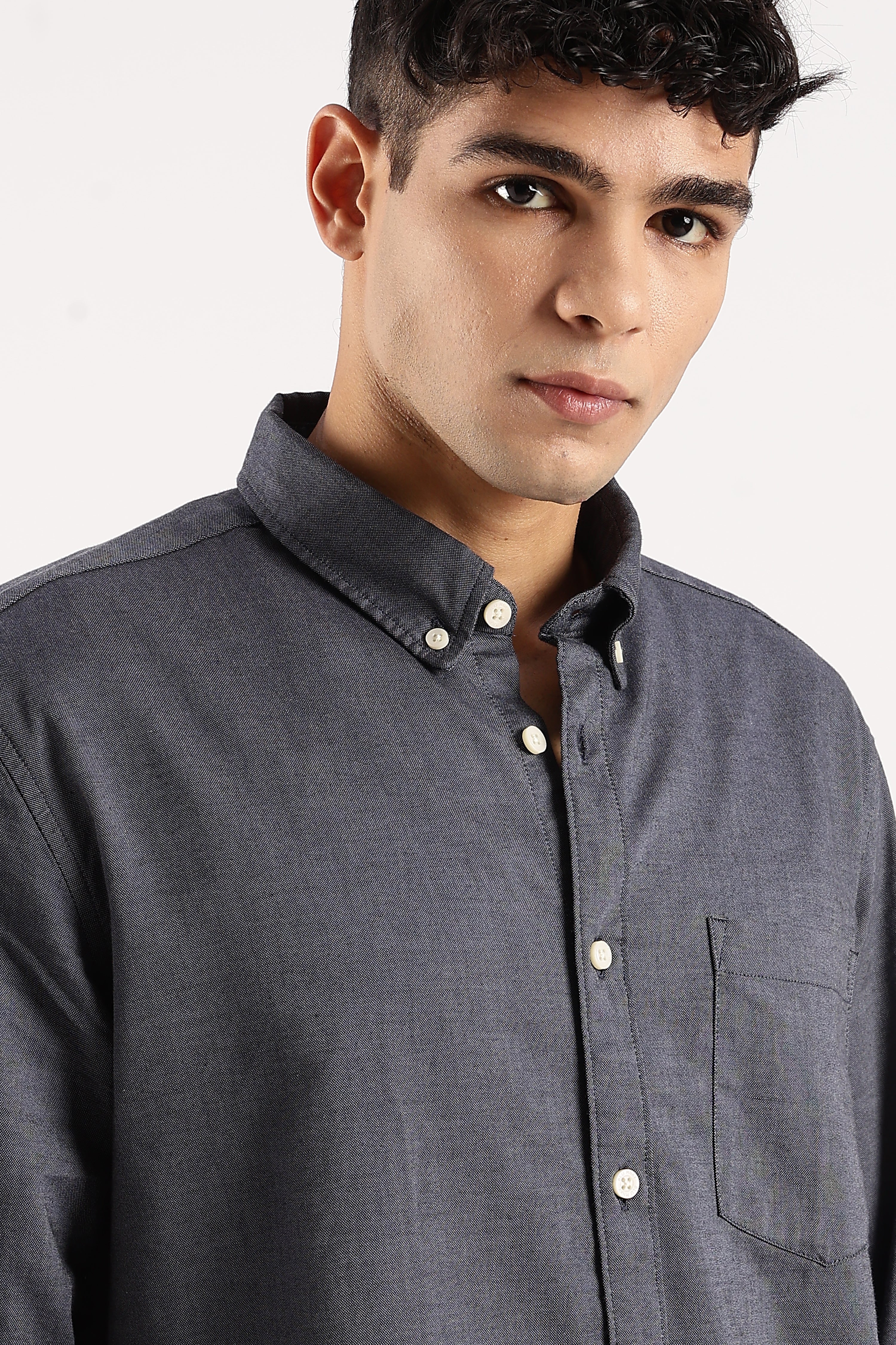 Men Navy Blue Cotton Oxford Shirt