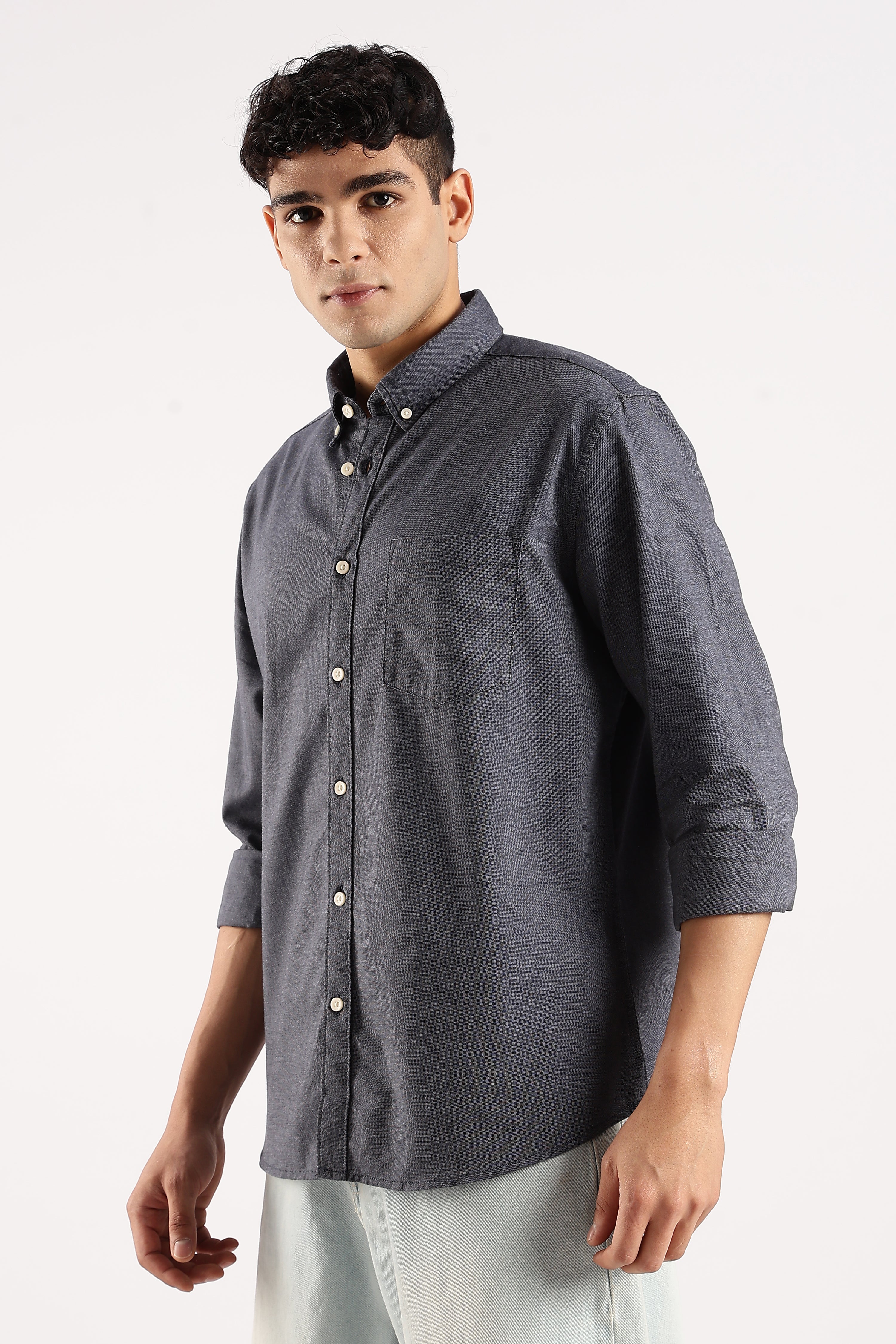 Men Navy Blue Cotton Oxford Shirt