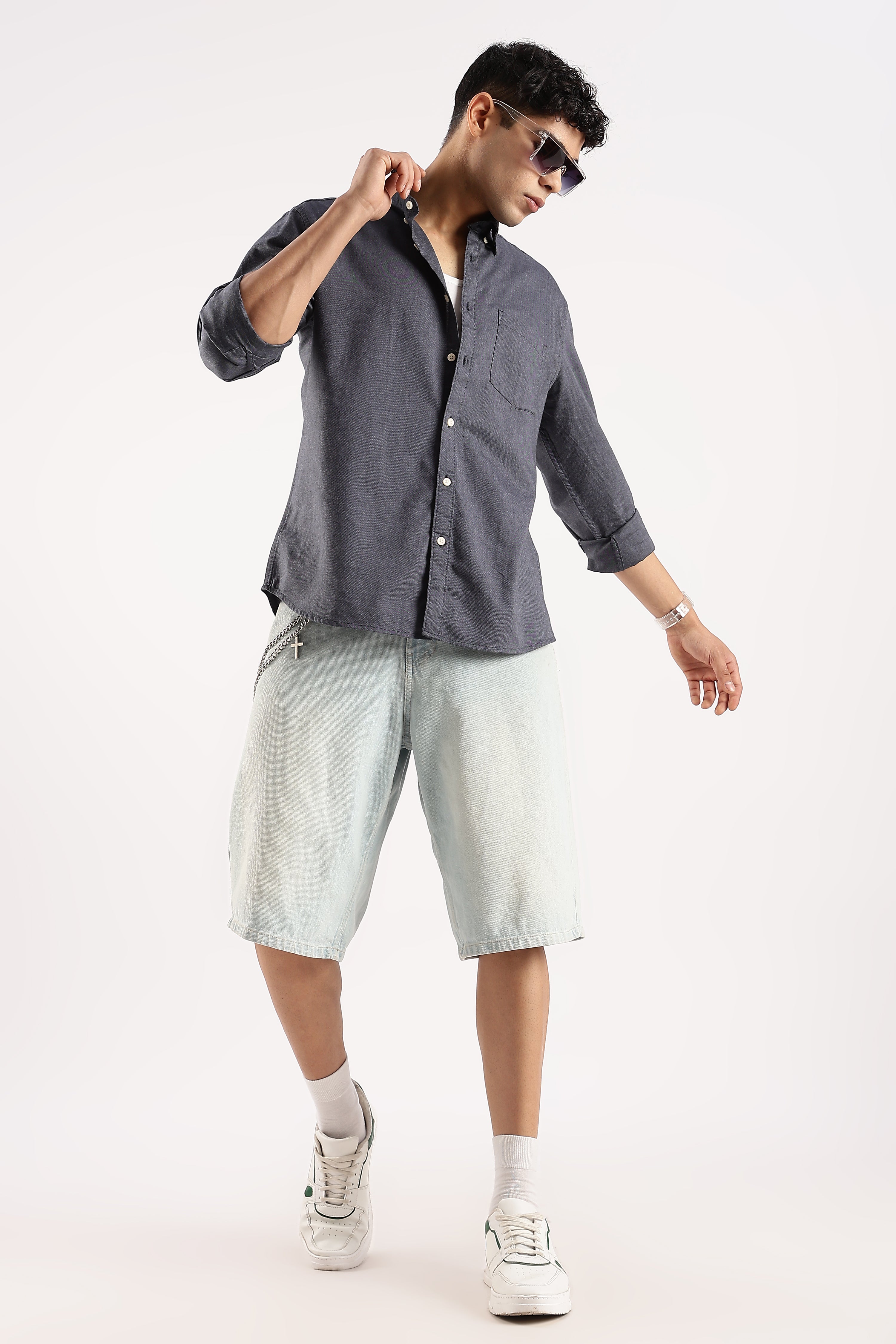 Men Navy Blue Cotton Oxford Shirt