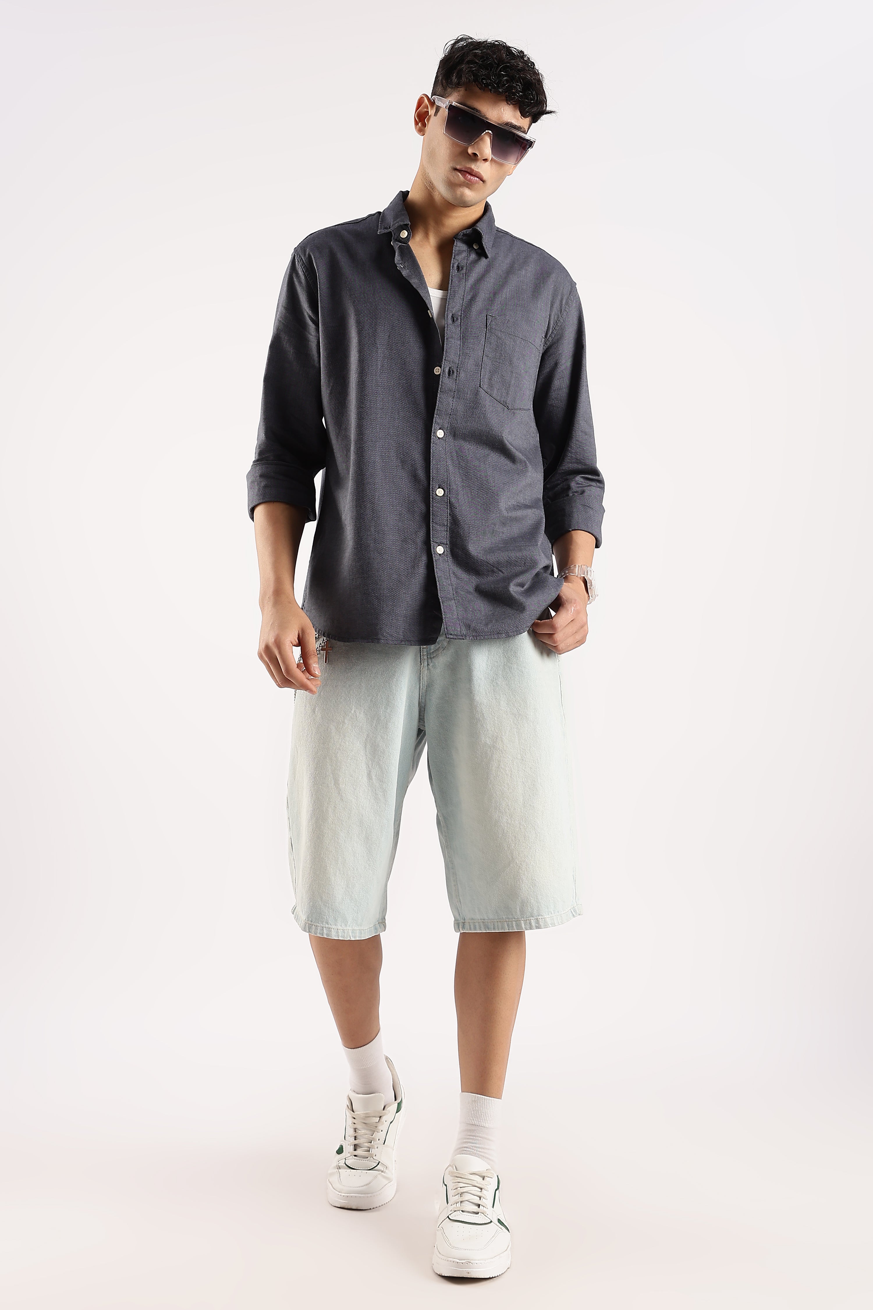 Men Navy Blue Cotton Oxford Shirt