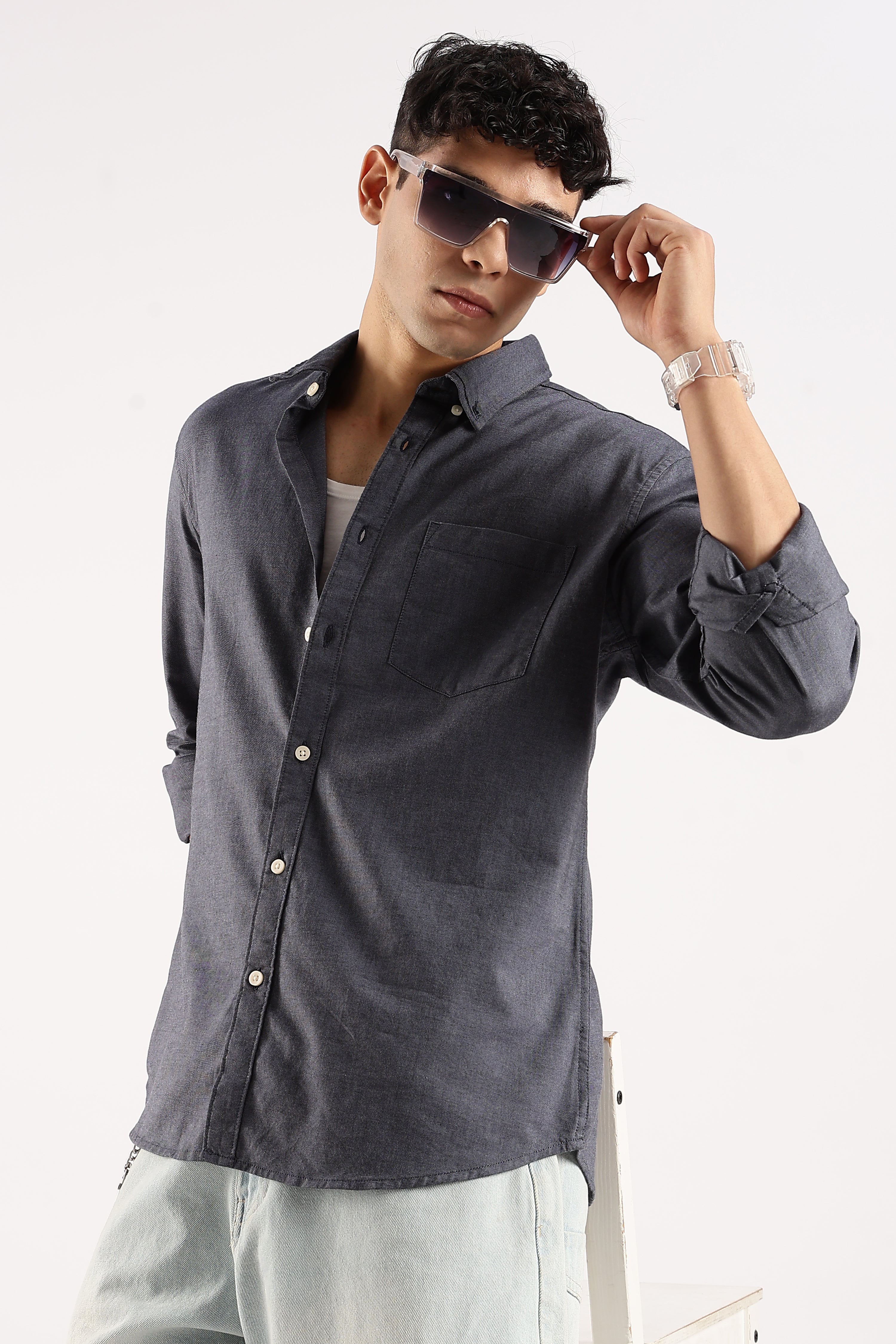 Men Navy Blue Cotton Oxford Shirt