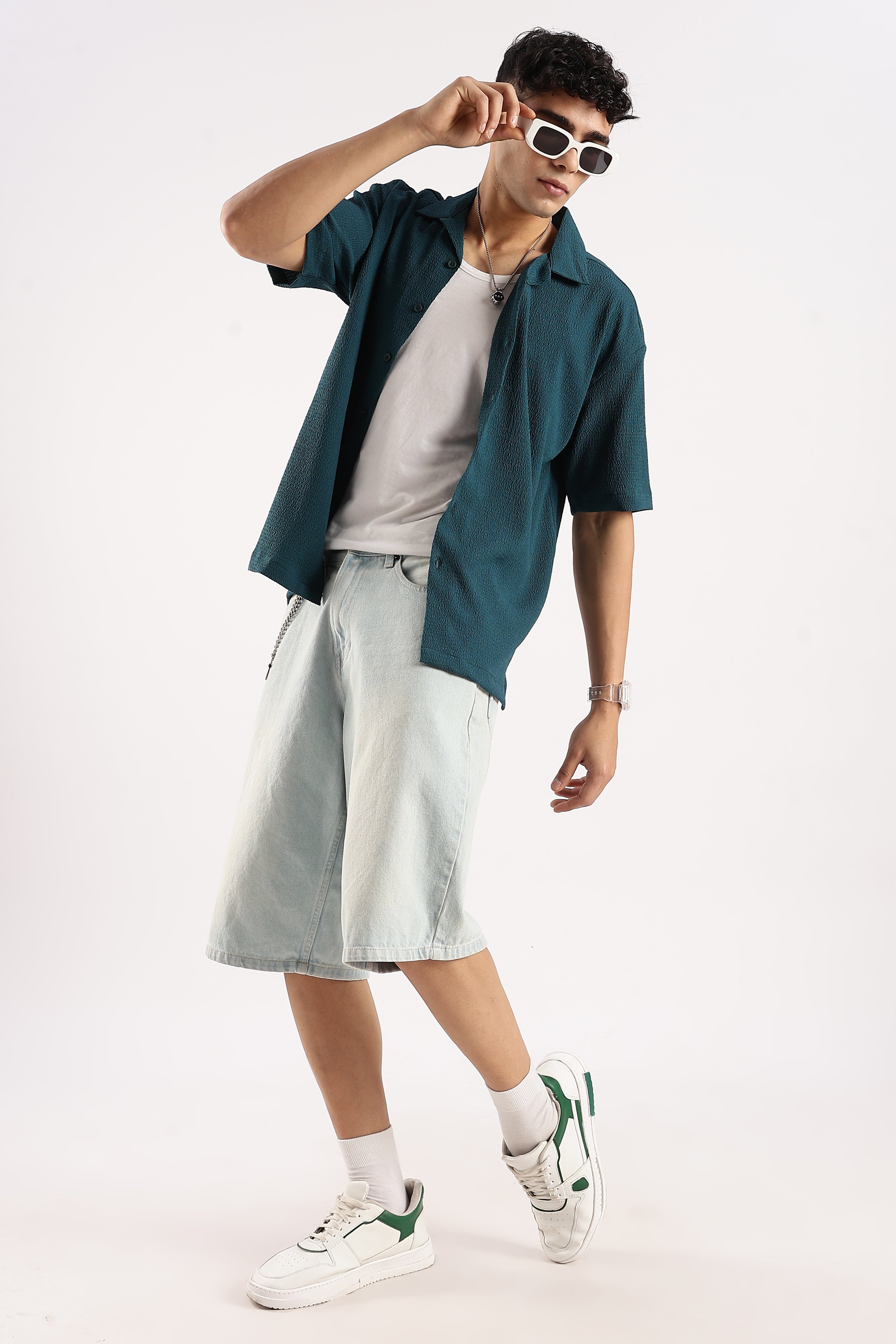 Men Green Poly Textured Shirt