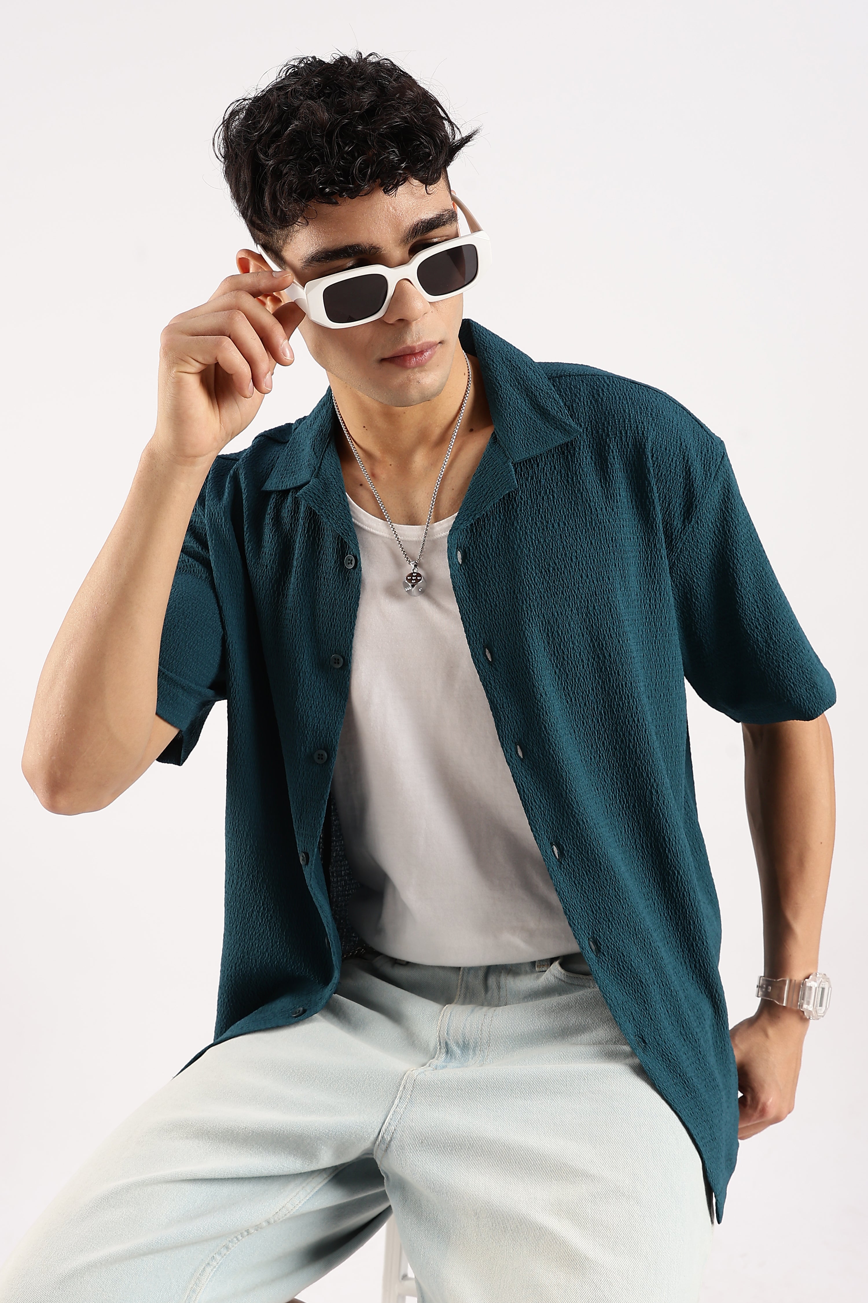 Men Green Poly Textured Shirt