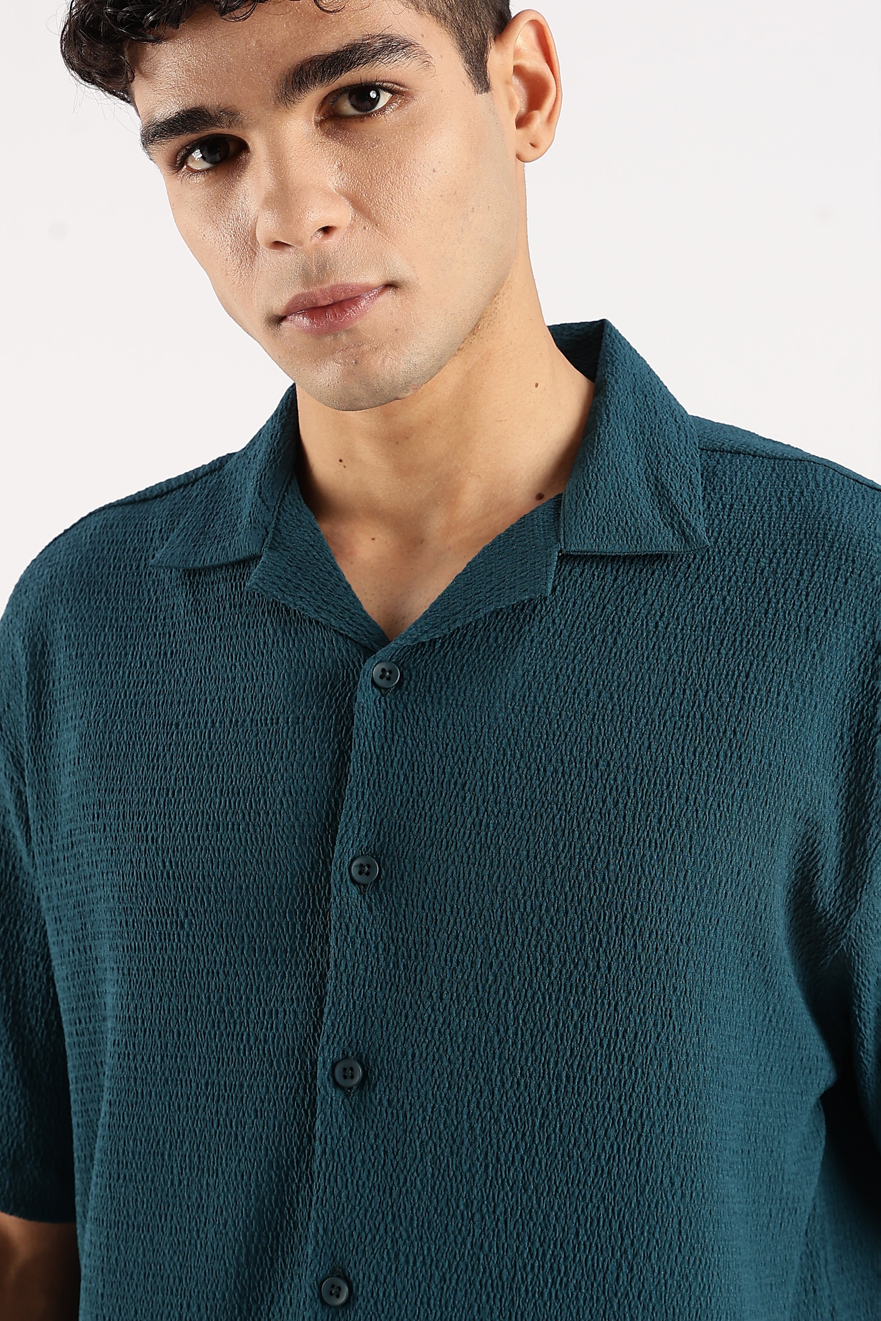 Men Green Poly Textured Shirt