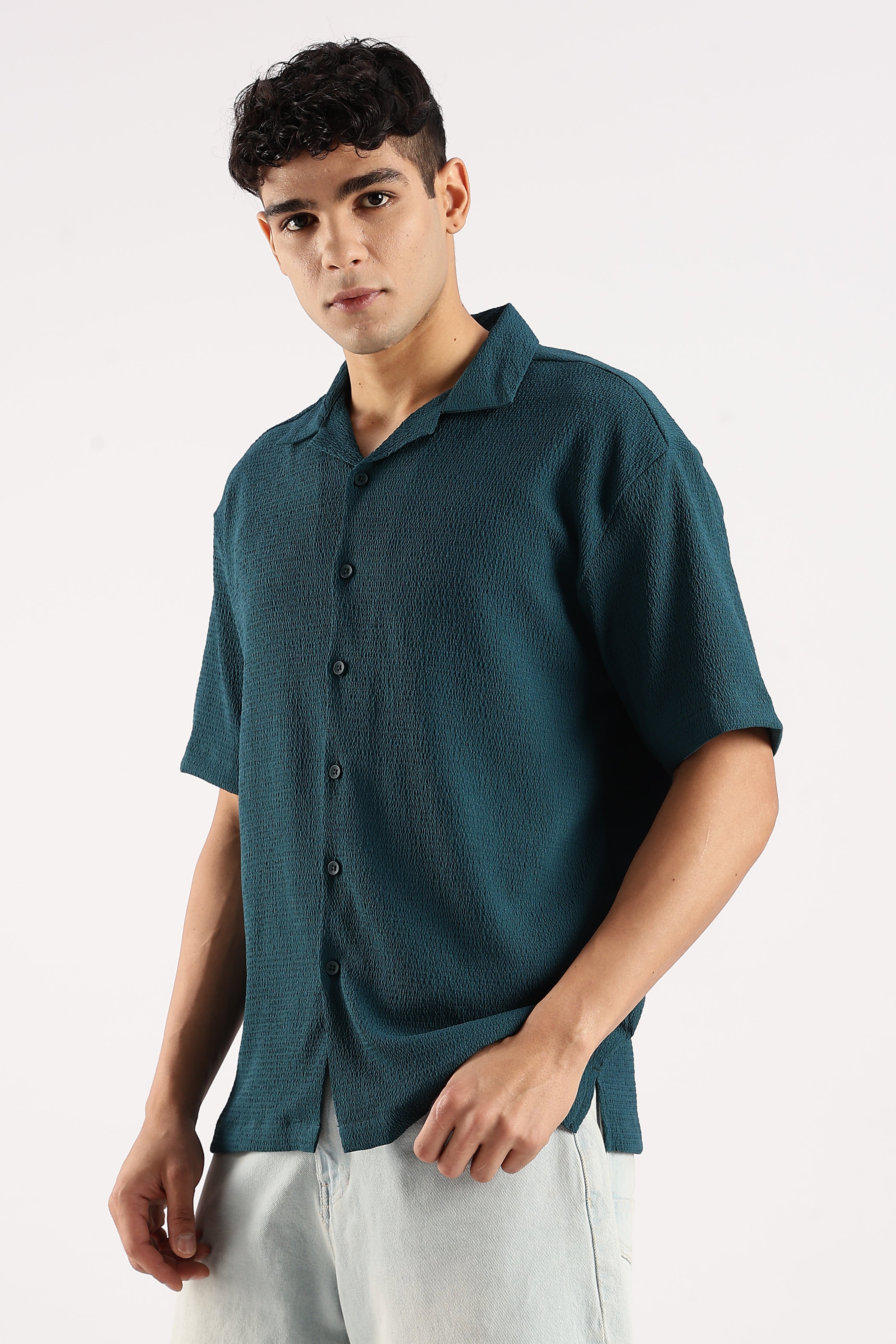 Men Green Poly Textured Shirt