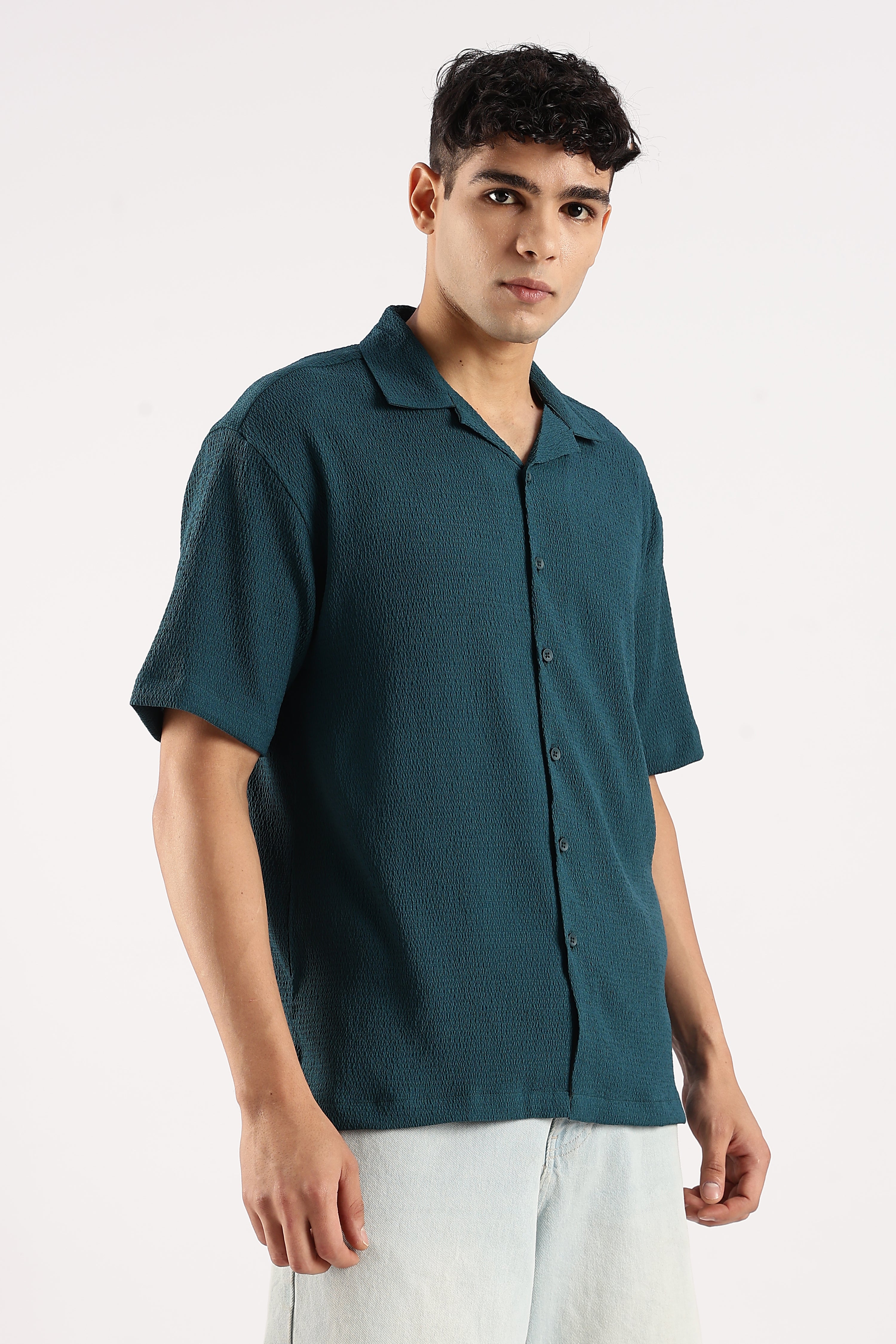 Men Green Poly Textured Shirt