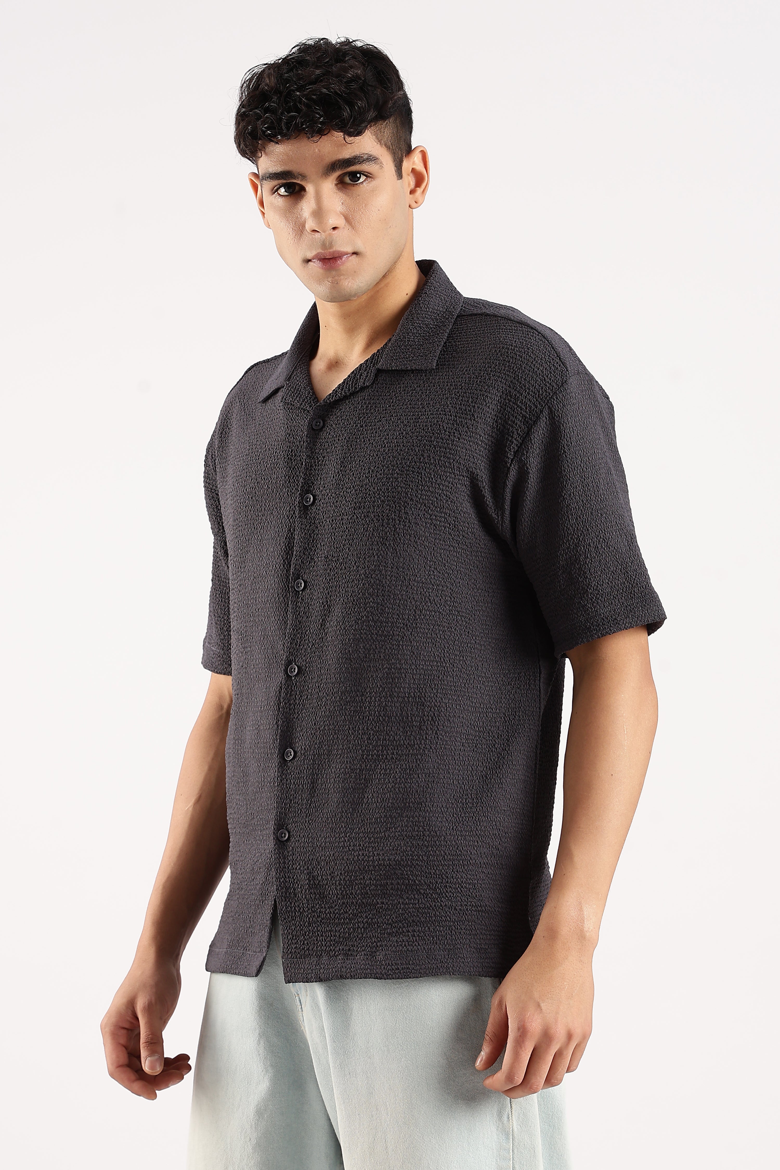 Men Grey Poly Textured Shirt