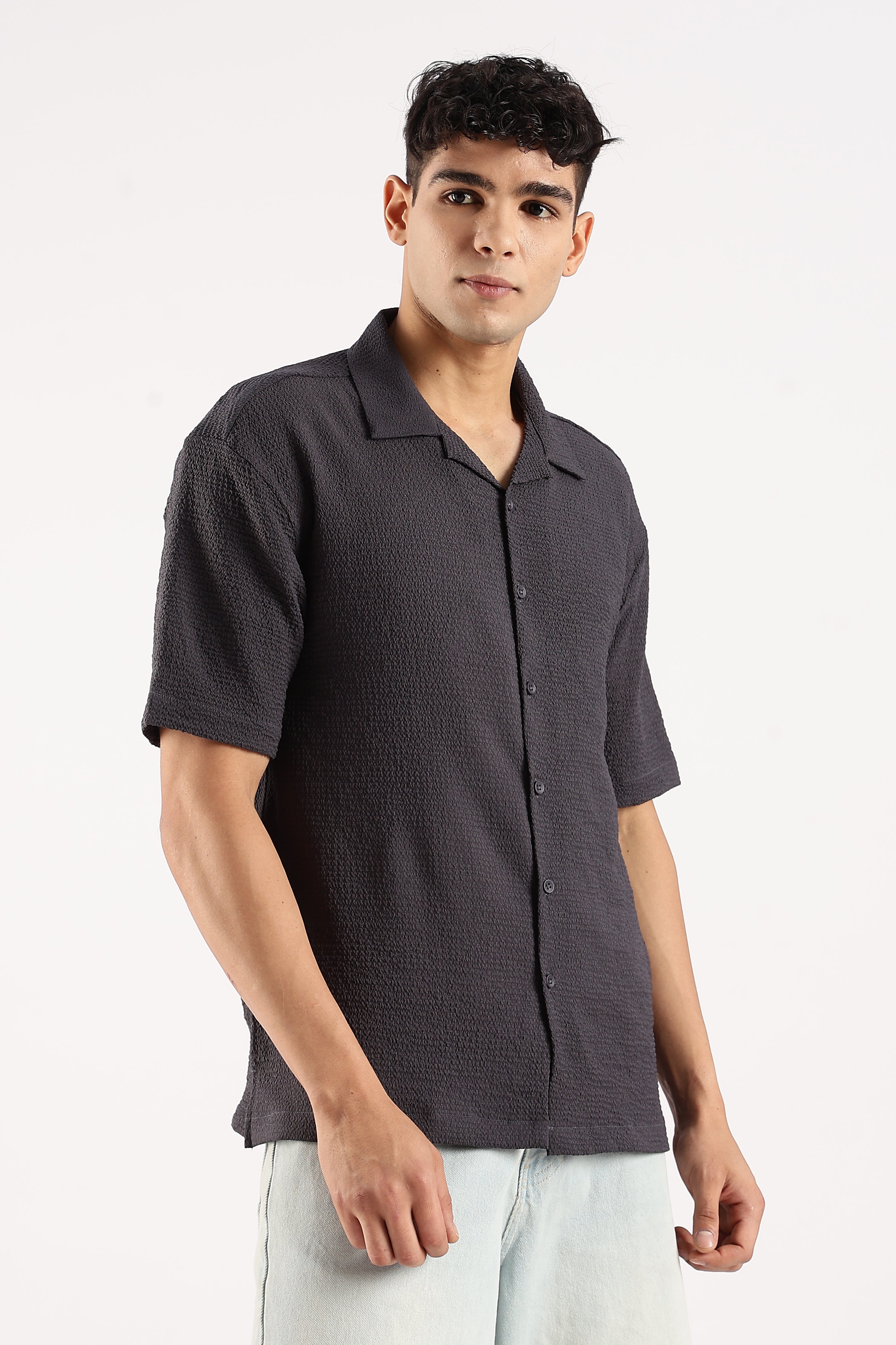 Men Grey Poly Textured Shirt
