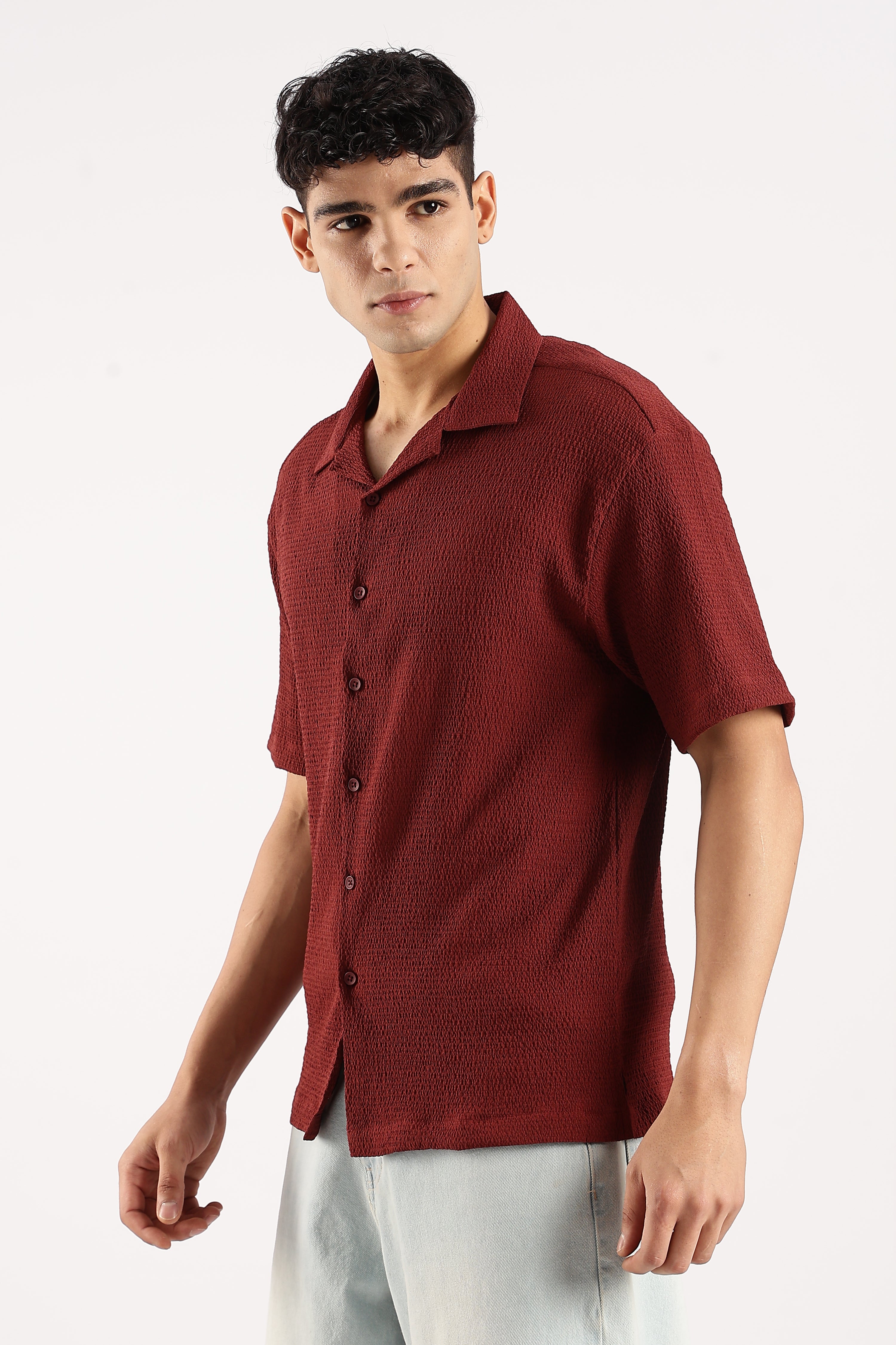 Men Maroon Poly Textured Shirt